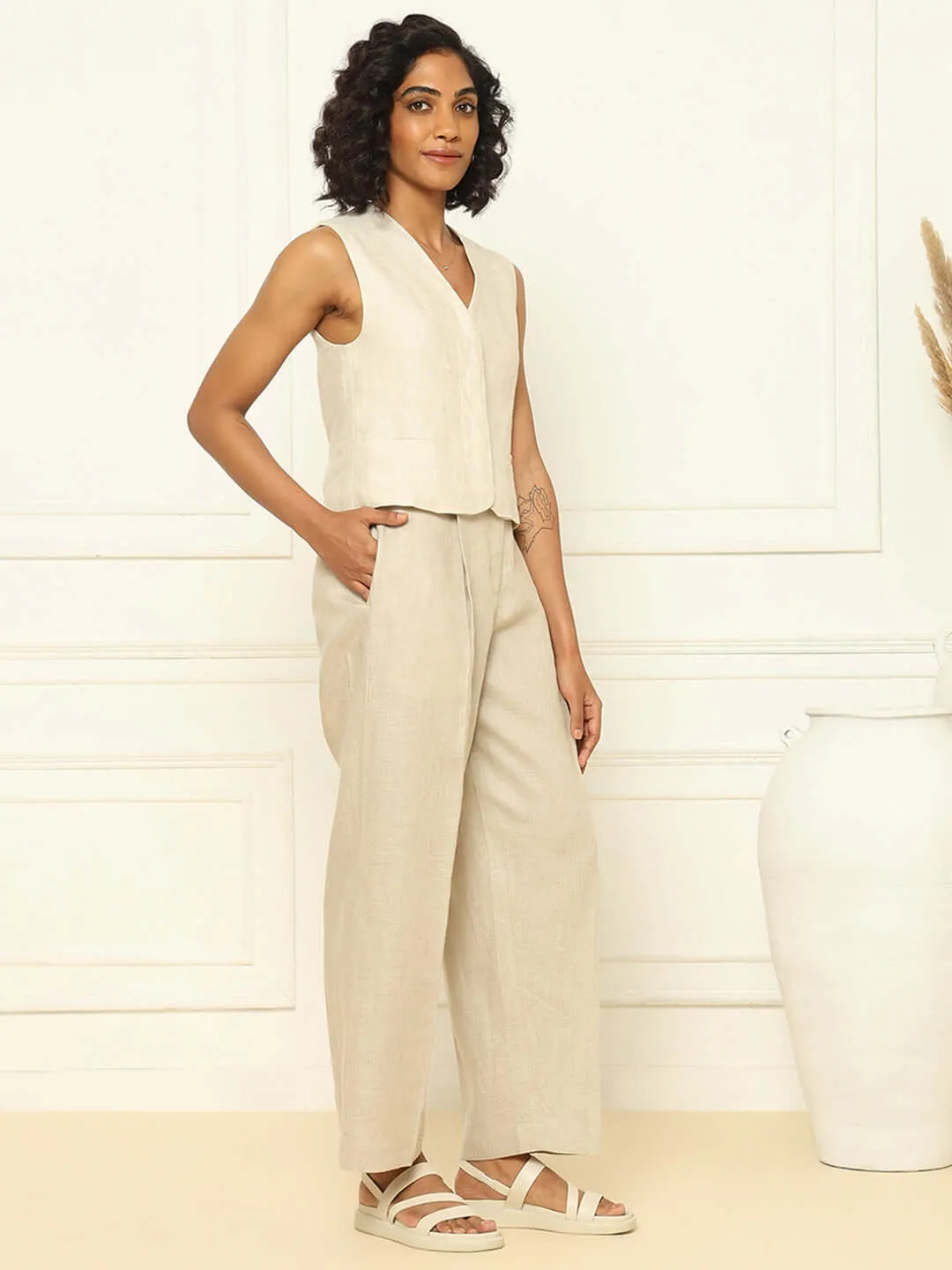 Beige Linen Waistcoat & Trousers