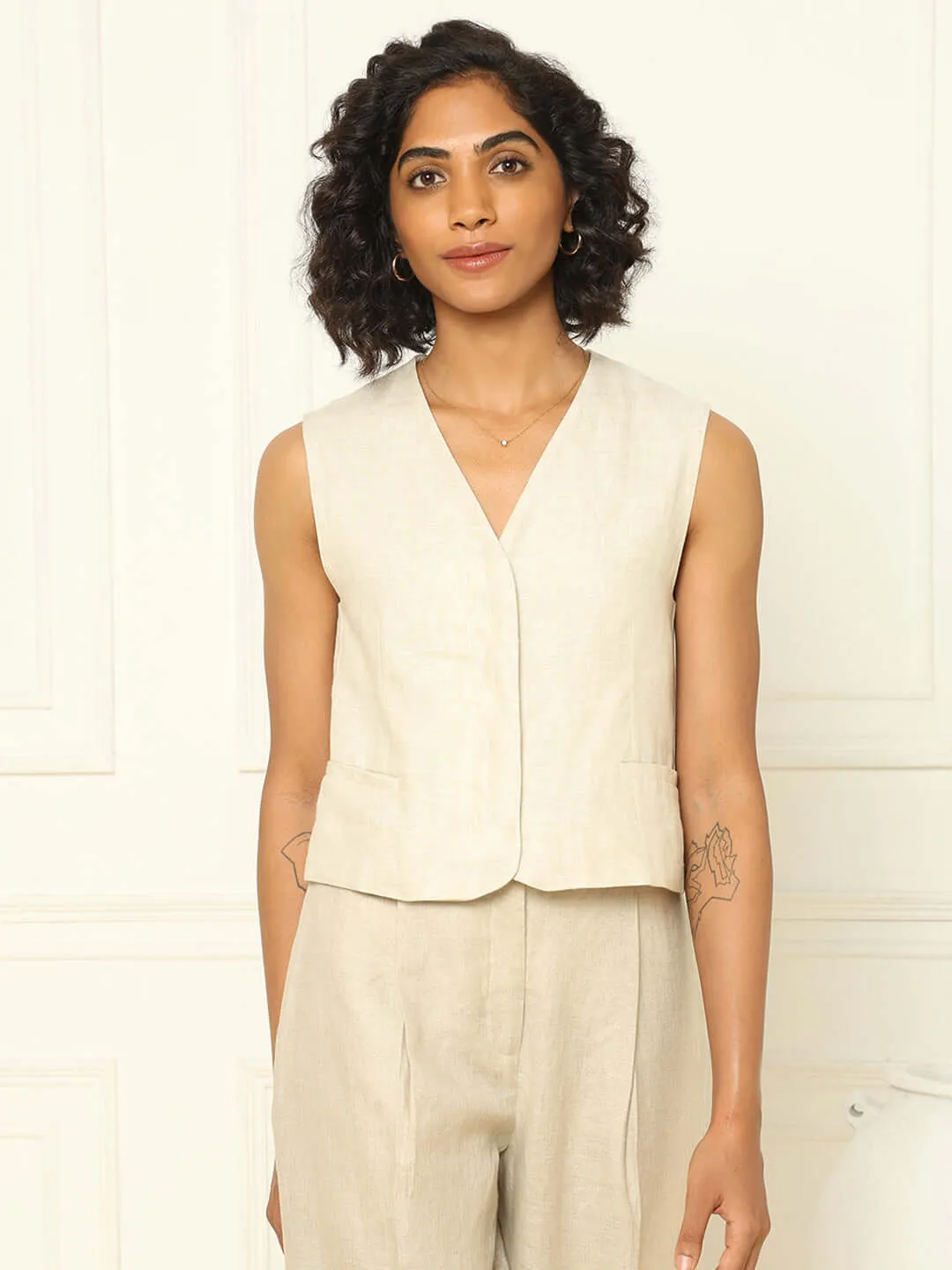 Beige Linen Waistcoat & Trousers