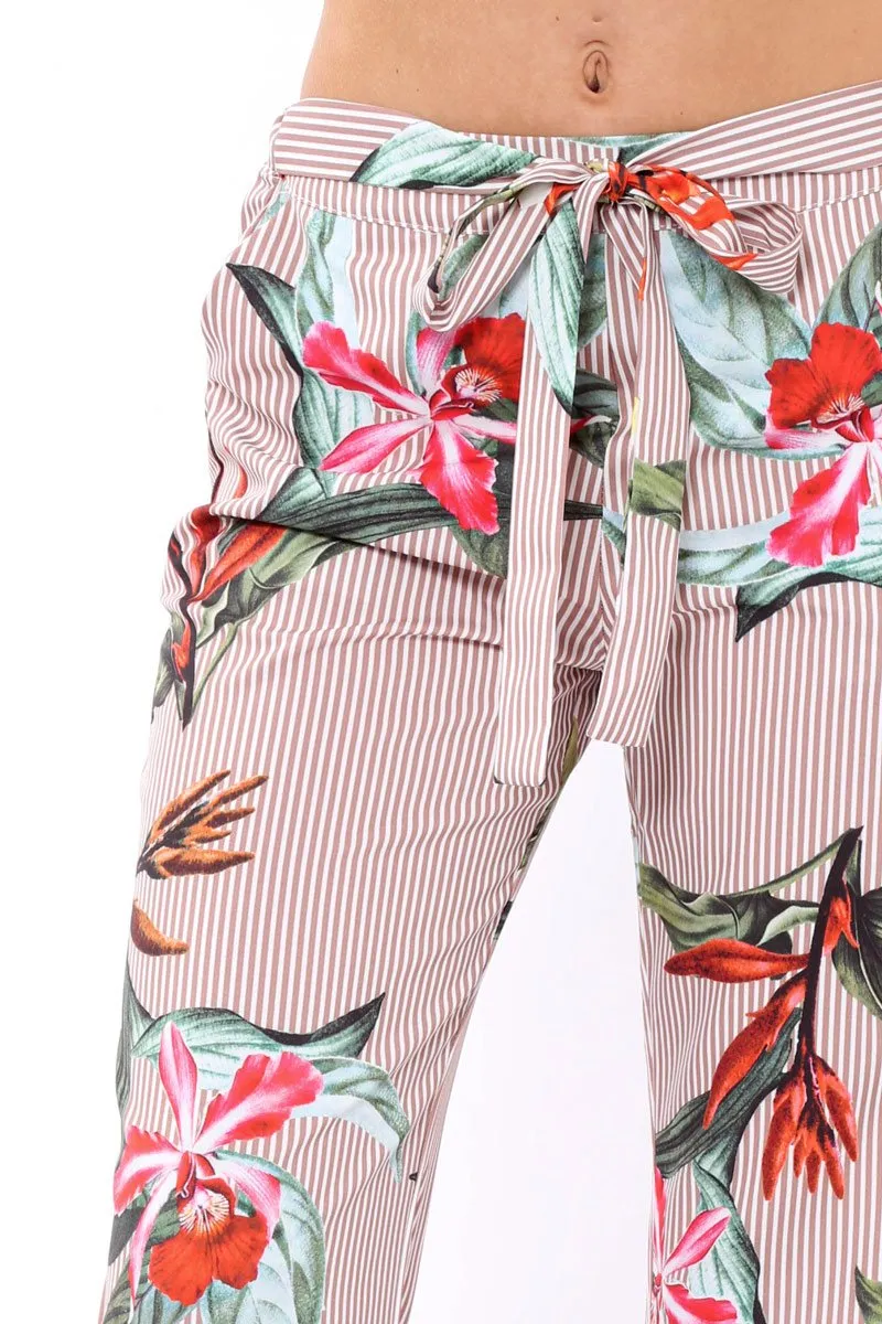 Beige Stripe trousers with floral print - Venice