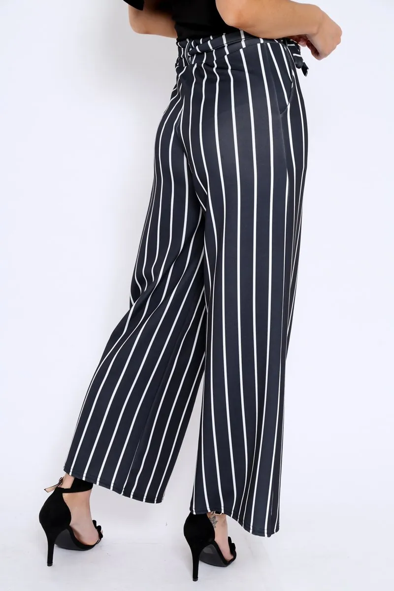 Black & White Stripe Tie Belt Trousers - Twisha