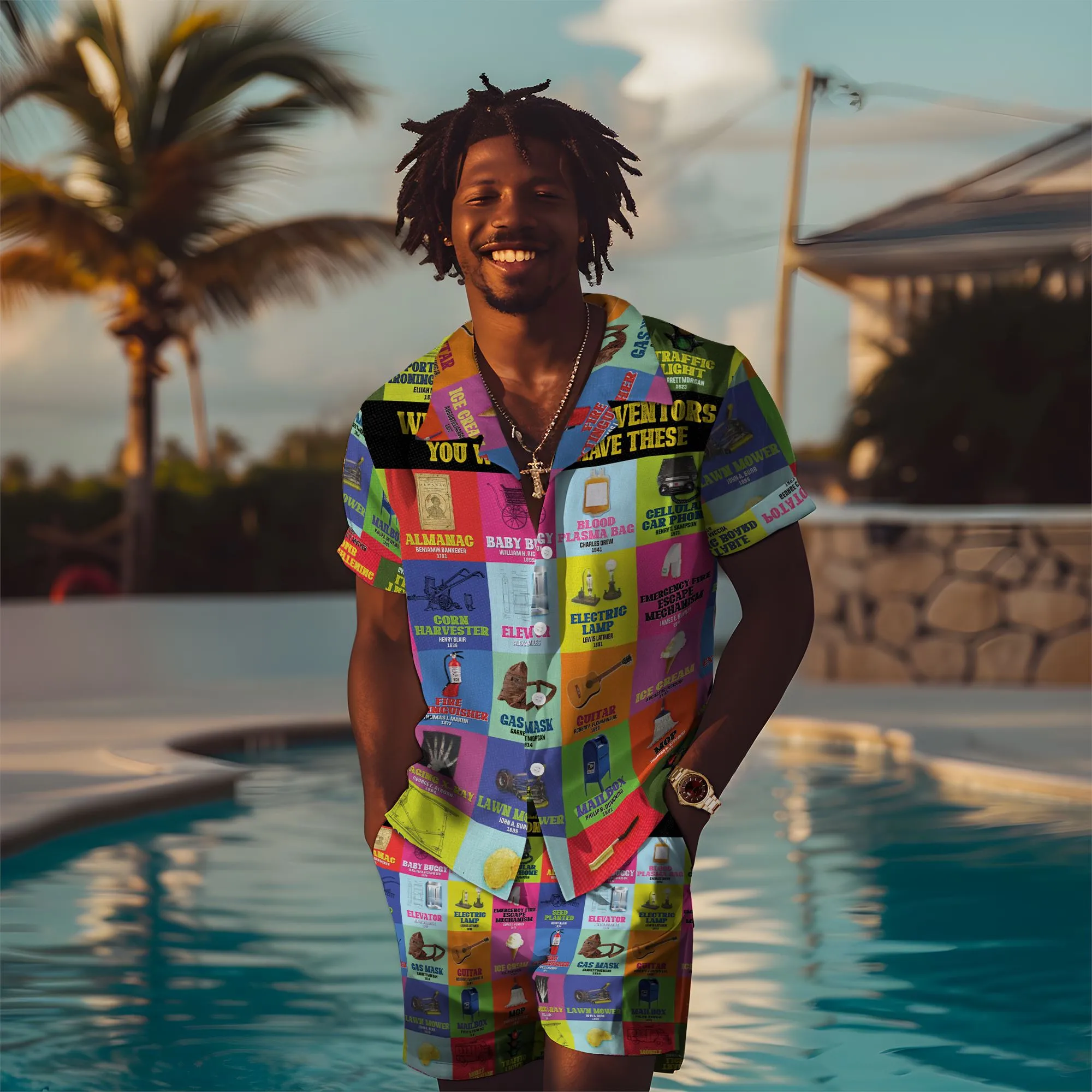 Black Inventions Hawaiian Shirt and Shorts Set