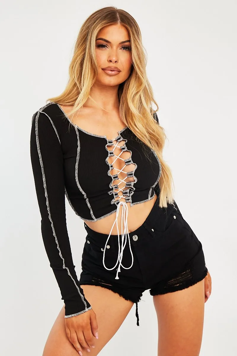 Black Lace Up Contrast Stich Long Sleeve Crop Top - Mitzi