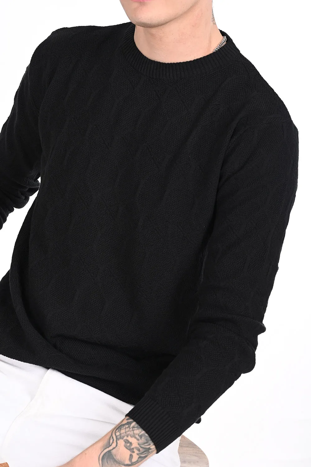 Black Textured Regular Fit Sweater