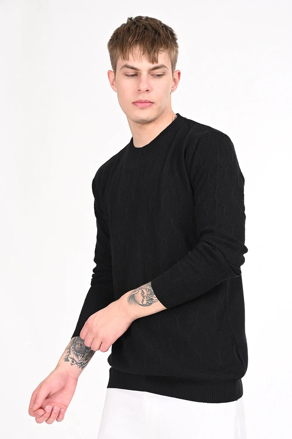 Black Textured Regular Fit Sweater