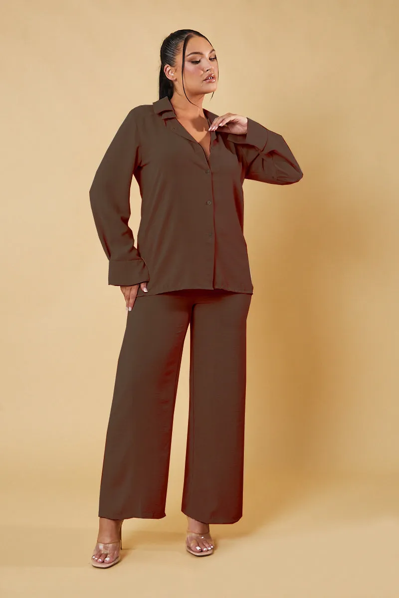 Brown Button Up Front Shirt & Wide Leg Trouser Co-ord - Alicia