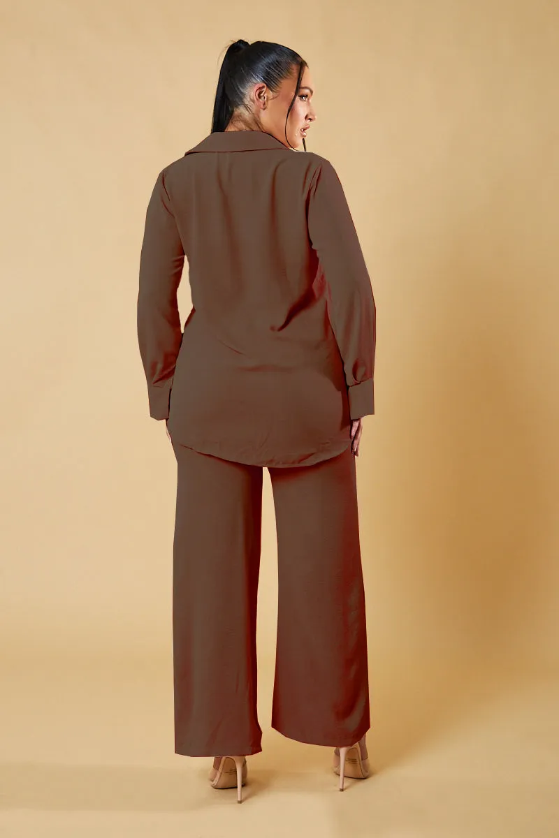 Brown Button Up Front Shirt & Wide Leg Trouser Co-ord - Alicia