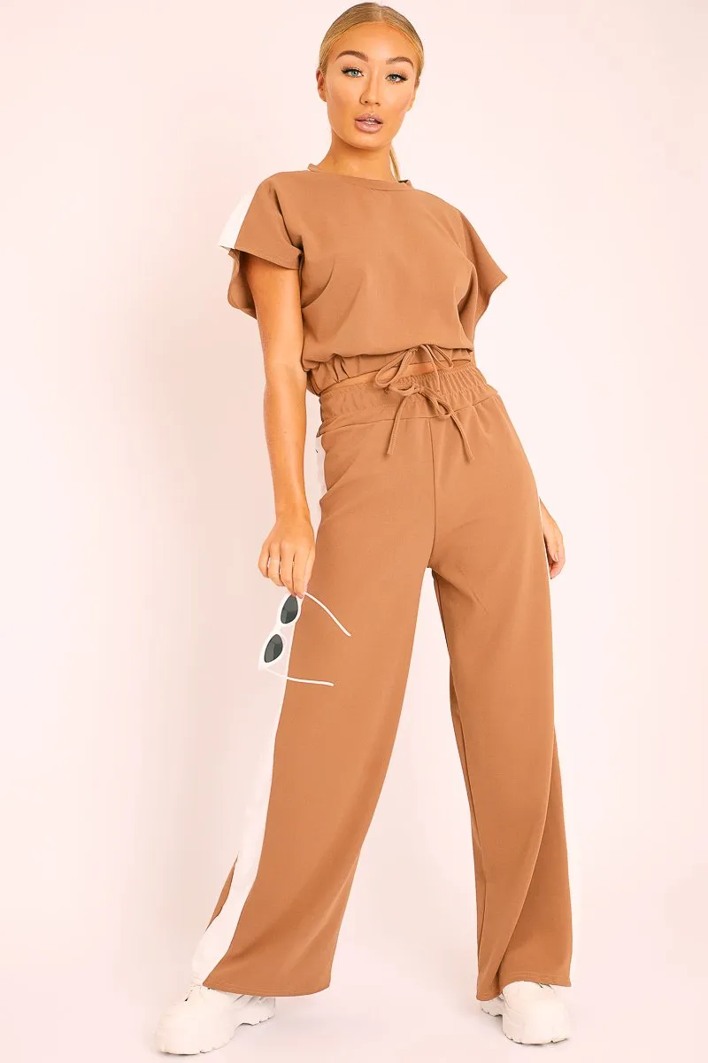 Camel Side Stripe Drawstring Top and Trousers Co-ord - Jadah