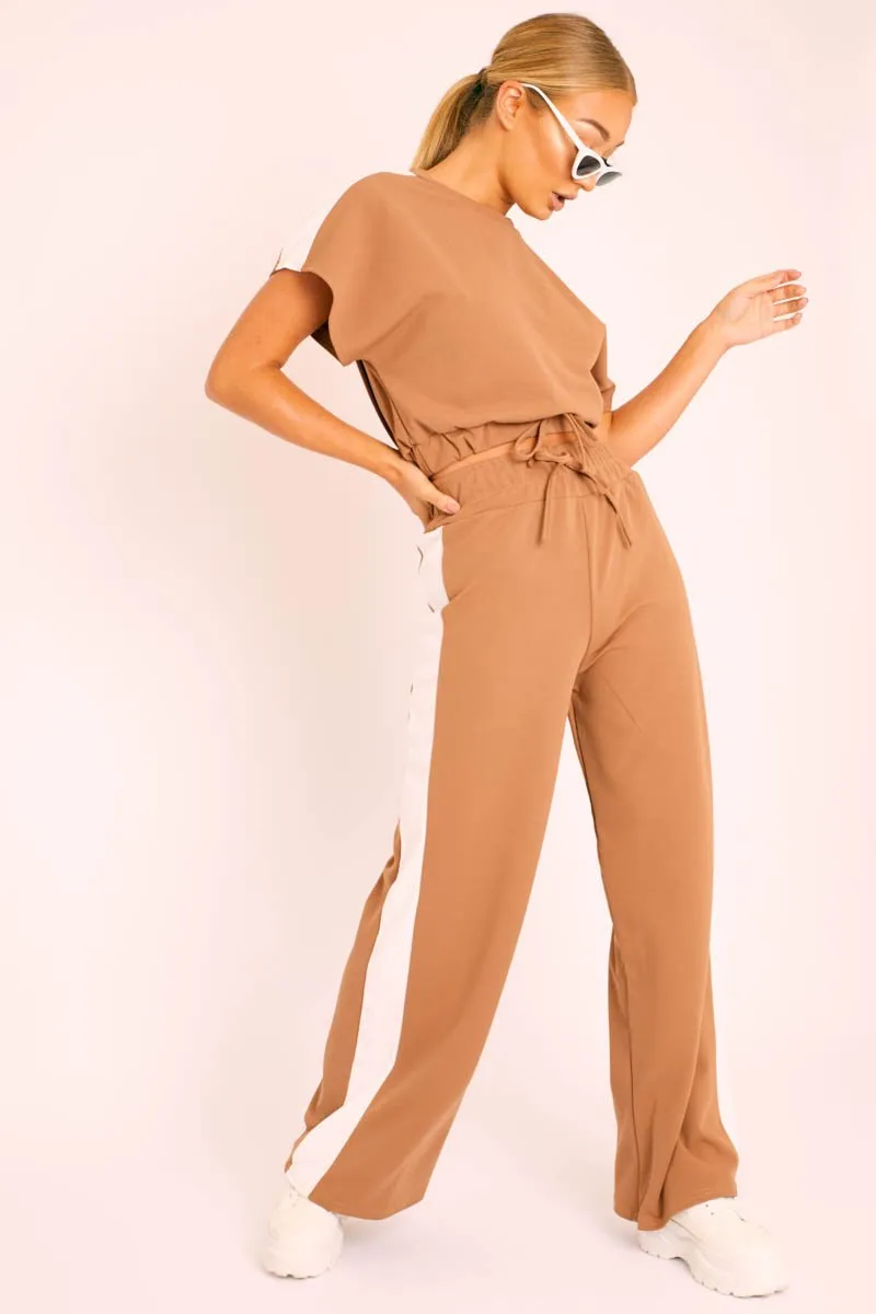 Camel Side Stripe Drawstring Top and Trousers Co-ord - Jadah