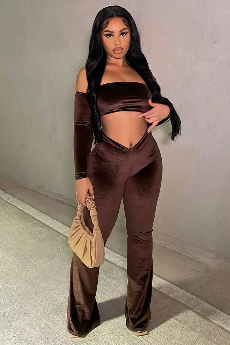 Chocolate Dipped Waist Velvet Flare Trousers - Kehlani