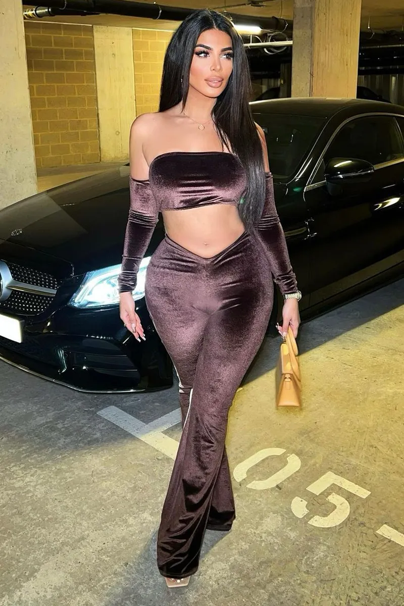 Chocolate Dipped Waist Velvet Flare Trousers - Kehlani