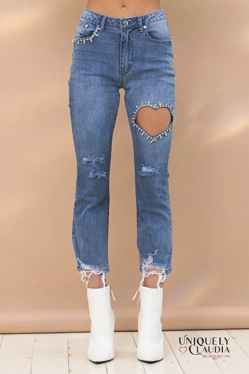 Dacia Embellished Heart Cut Out Denim Ankle Jeans