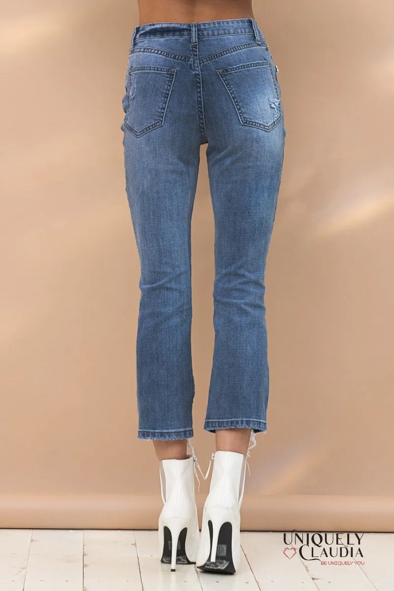 Dacia Embellished Heart Cut Out Denim Ankle Jeans