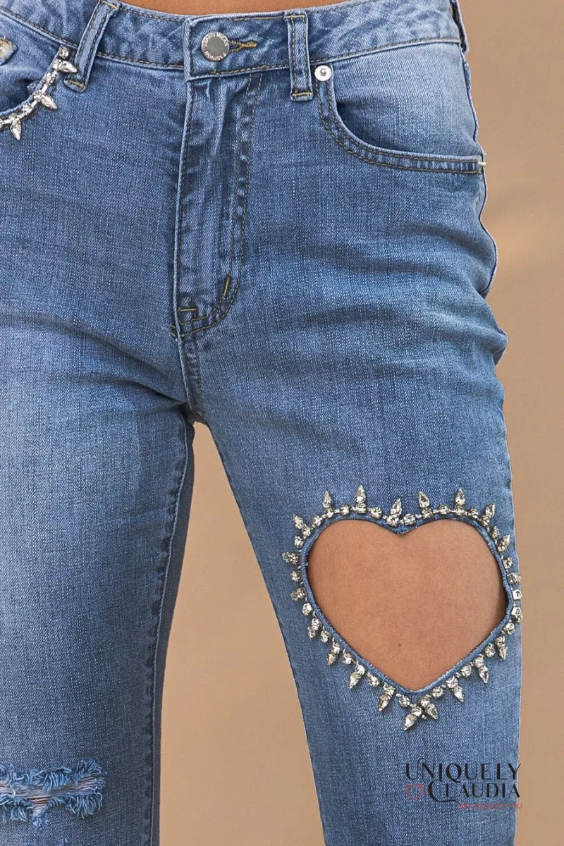 Dacia Embellished Heart Cut Out Denim Ankle Jeans