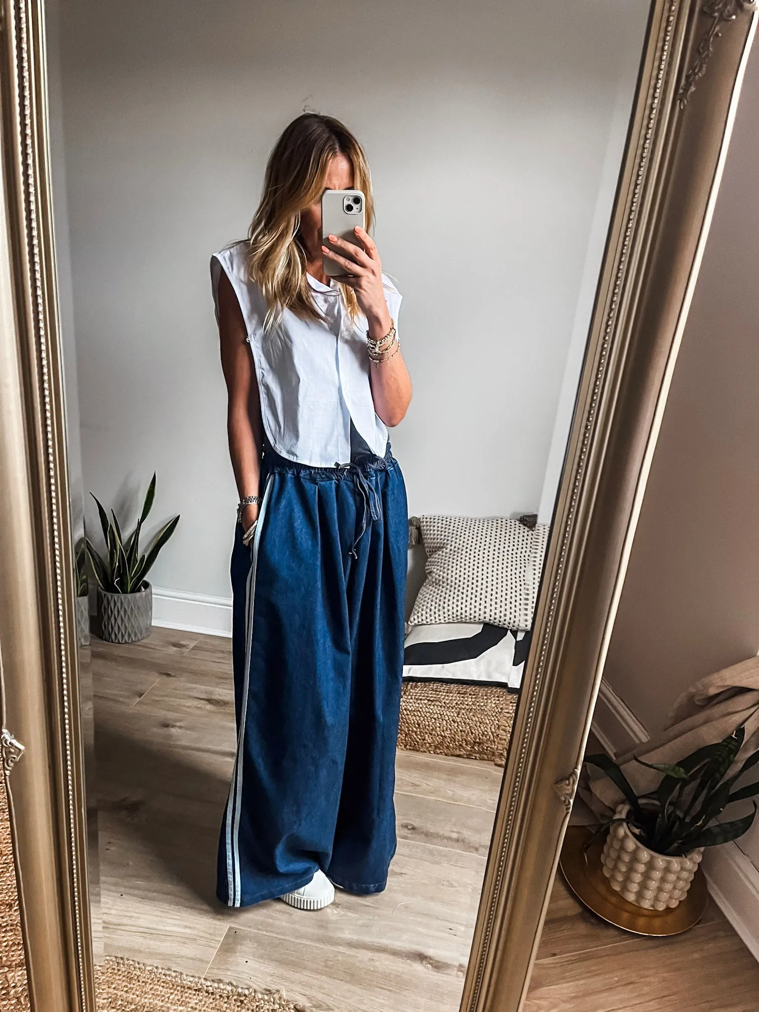 Denim Side Stripe Wide Leg Trousers