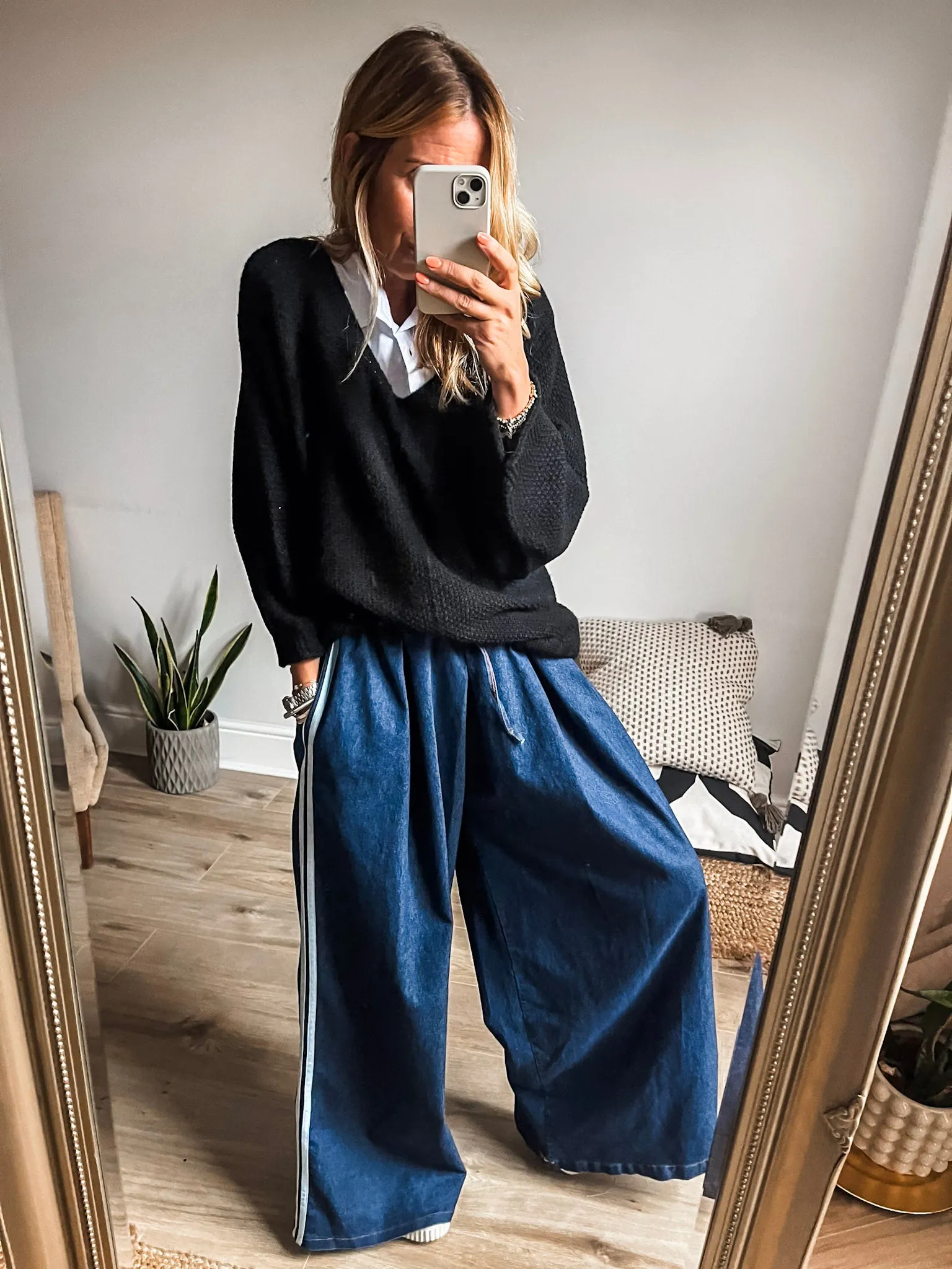 Denim Side Stripe Wide Leg Trousers