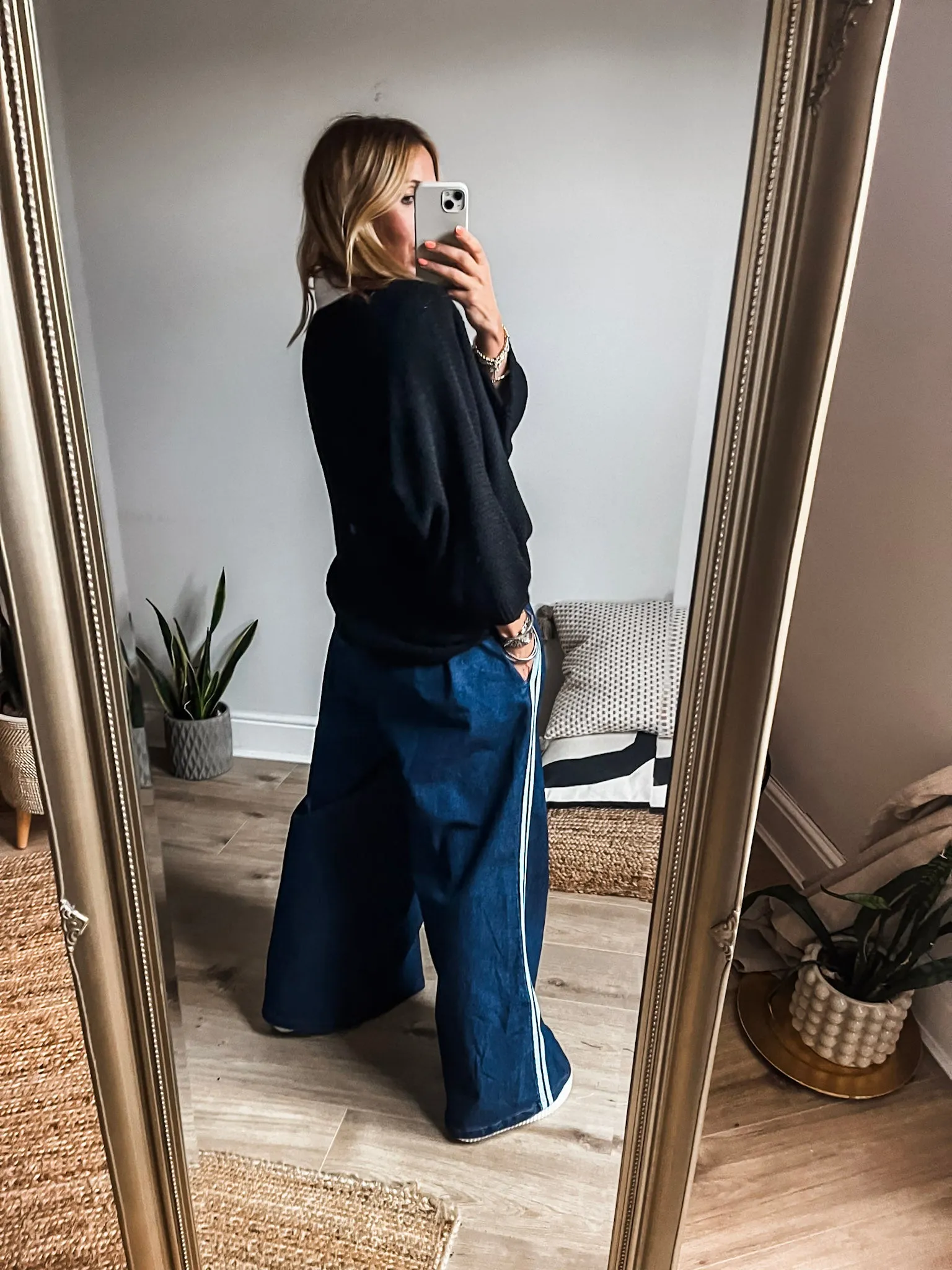 Denim Side Stripe Wide Leg Trousers