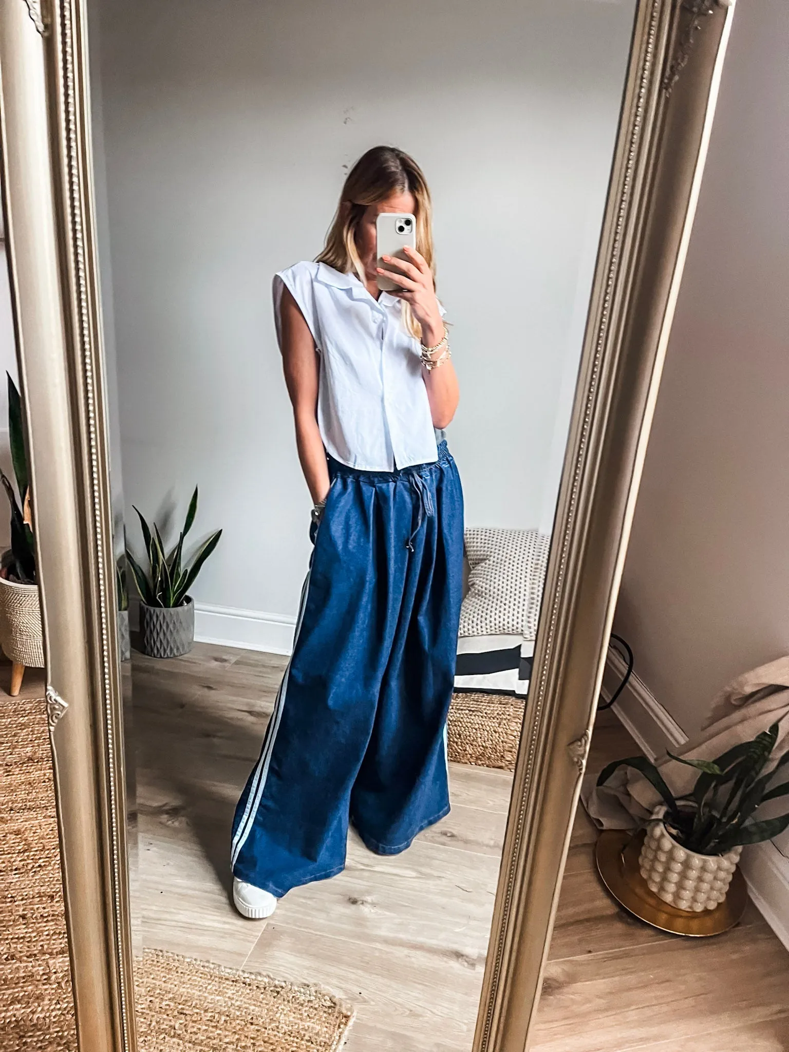 Denim Side Stripe Wide Leg Trousers