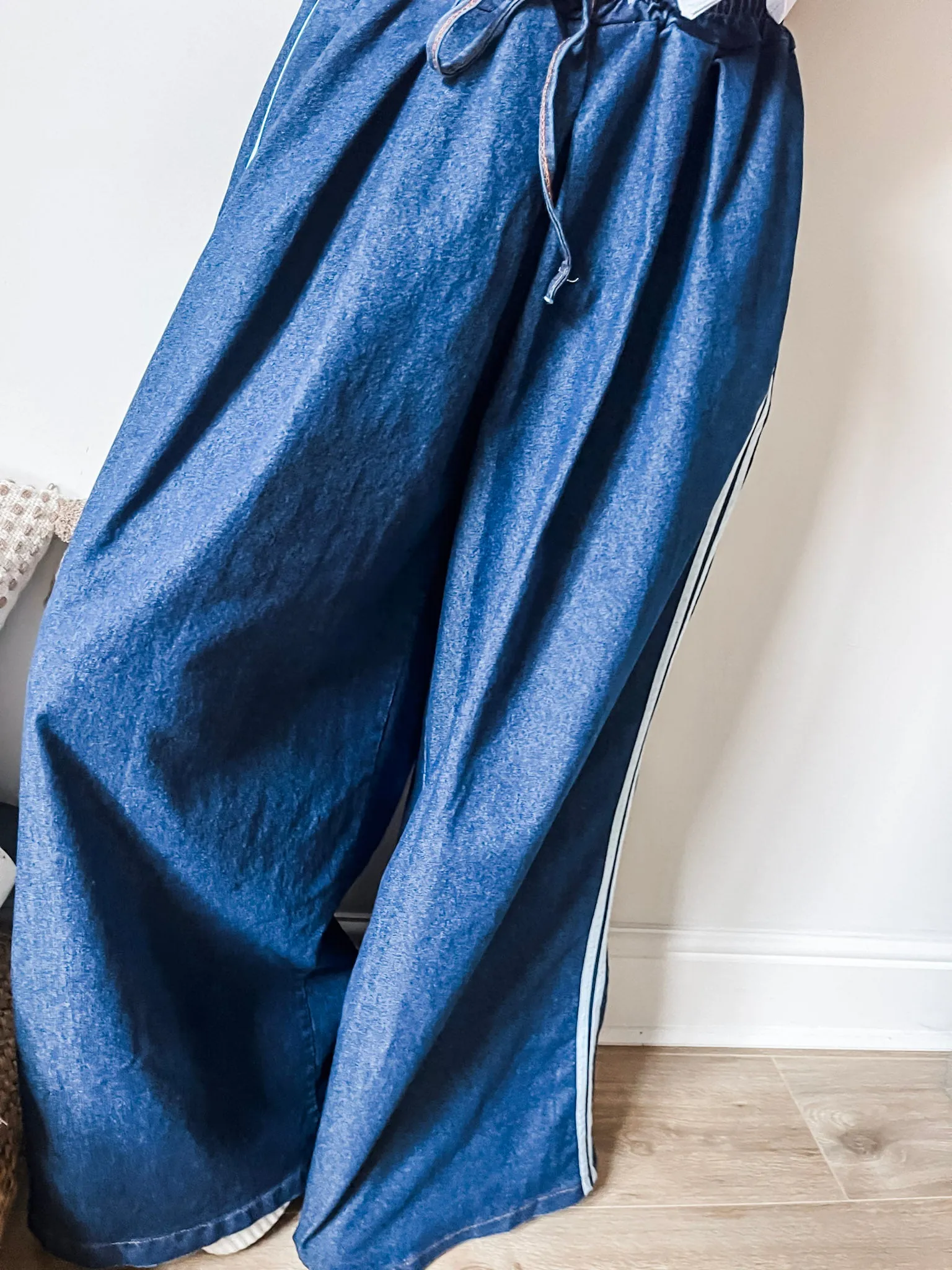 Denim Side Stripe Wide Leg Trousers