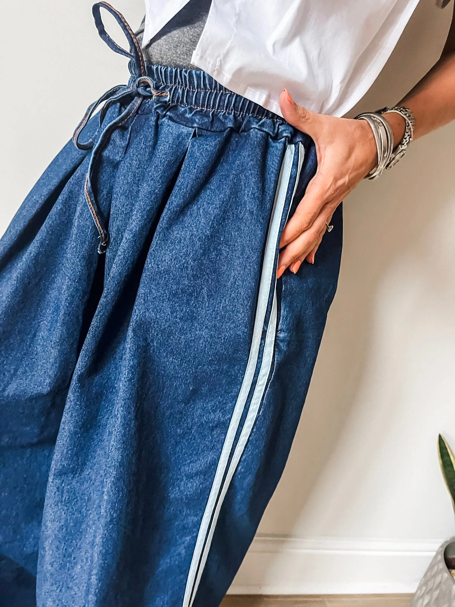 Denim Side Stripe Wide Leg Trousers