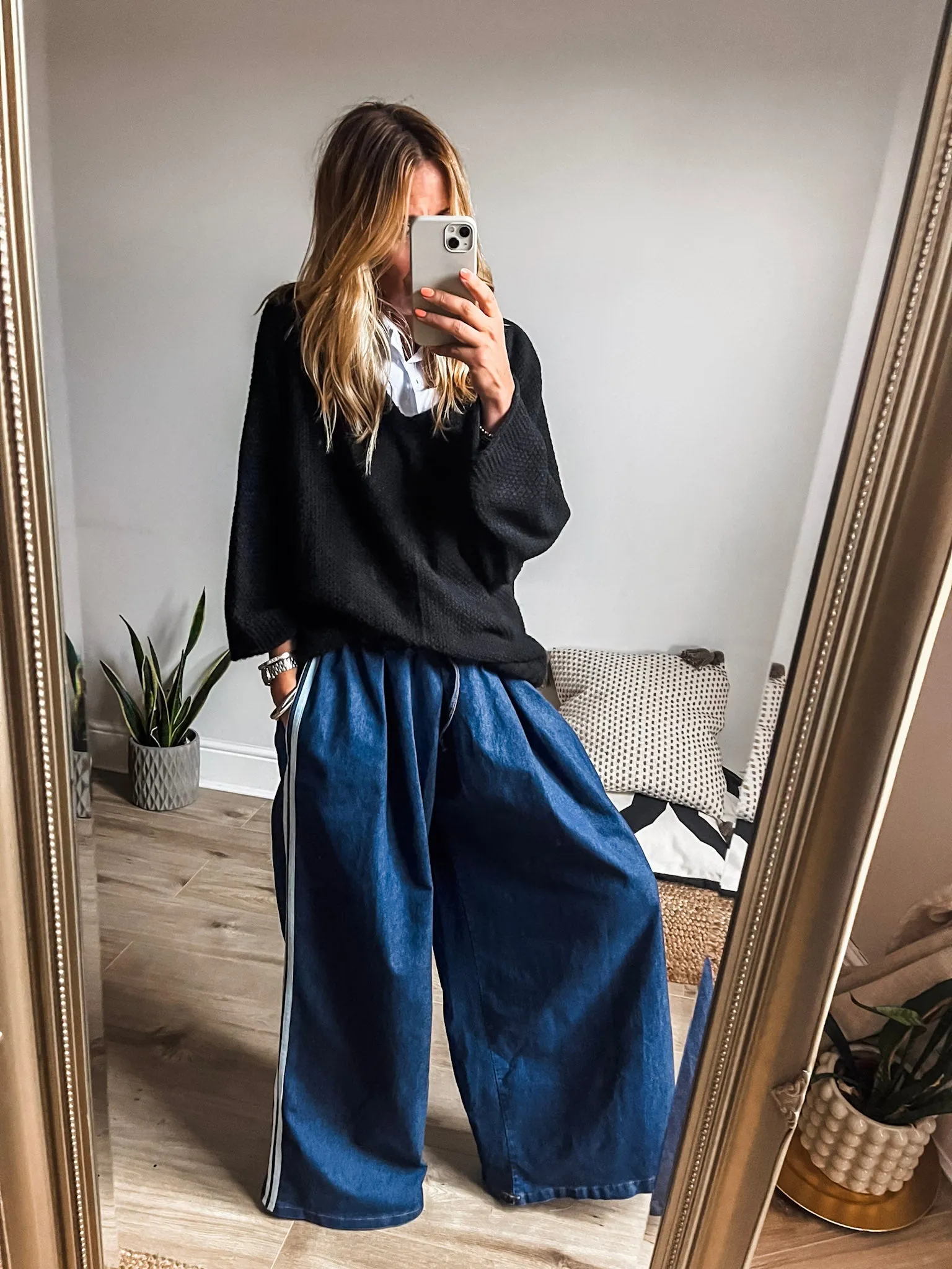 Denim Side Stripe Wide Leg Trousers