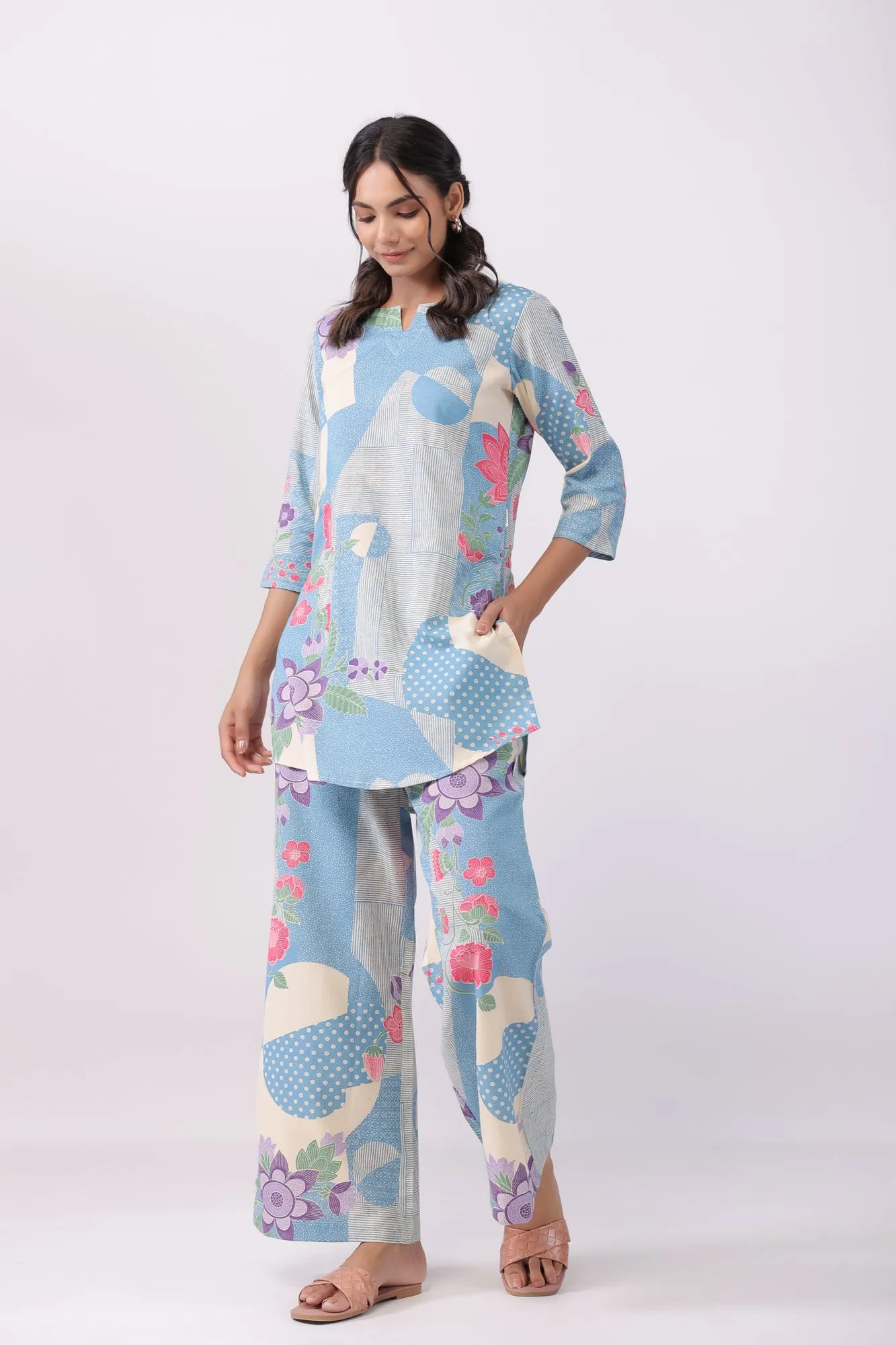 Distant Blooms Blue Cotton Palazzo Loungewear Set