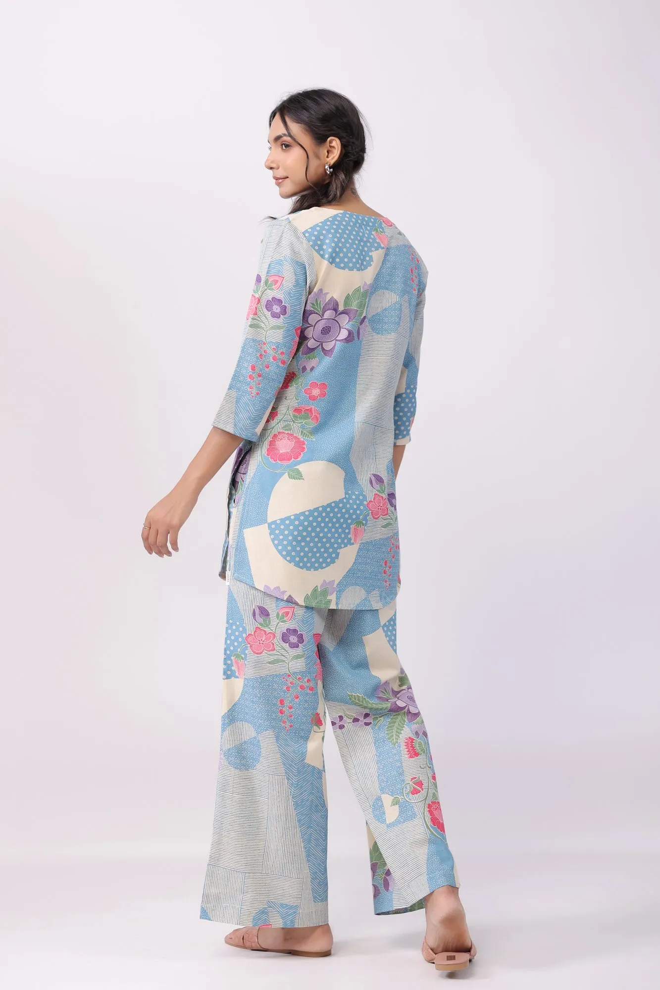 Distant Blooms Blue Cotton Palazzo Loungewear Set