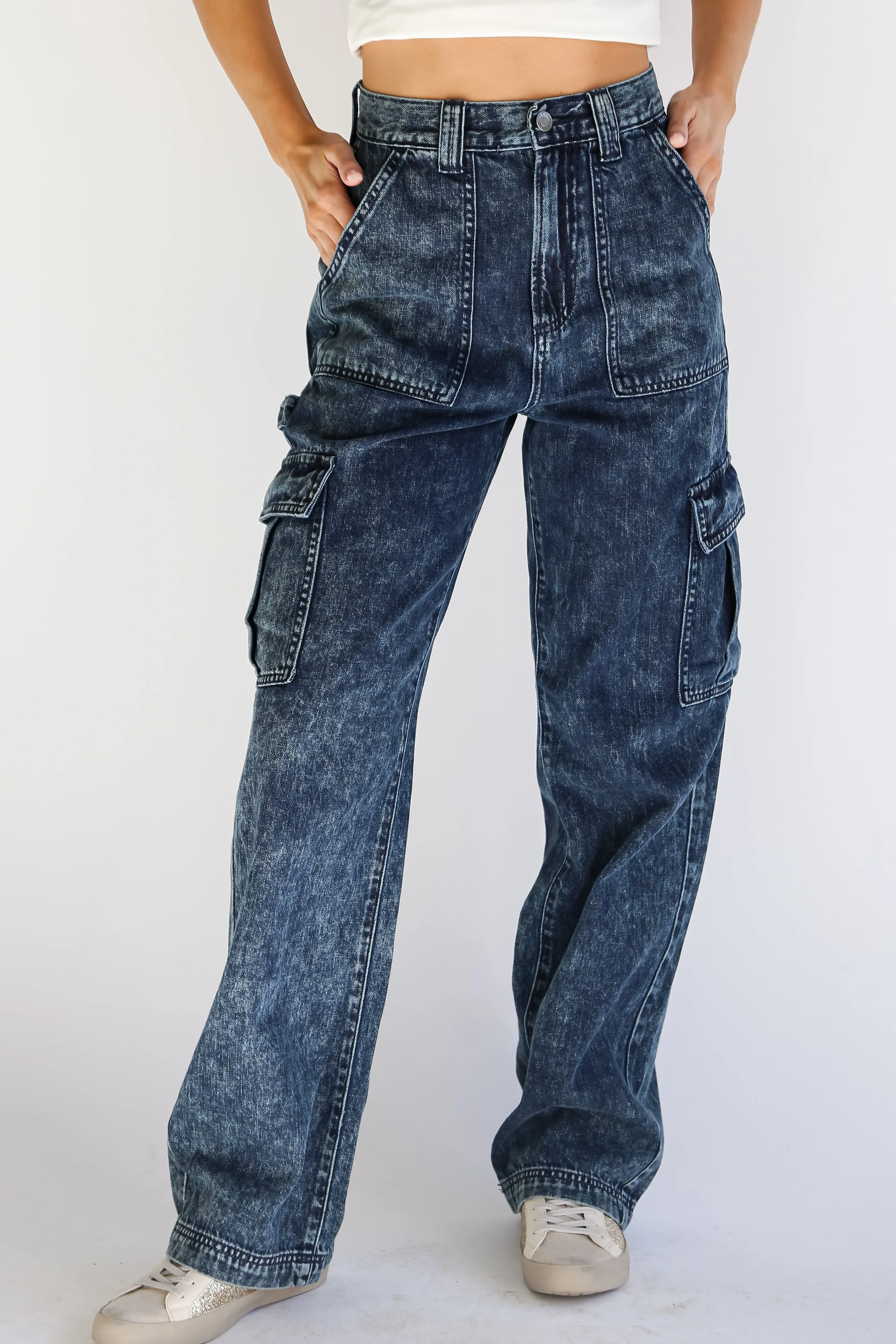 FINAL SALE - Street Style Acid Washed Dark Wash Cargo Jeans