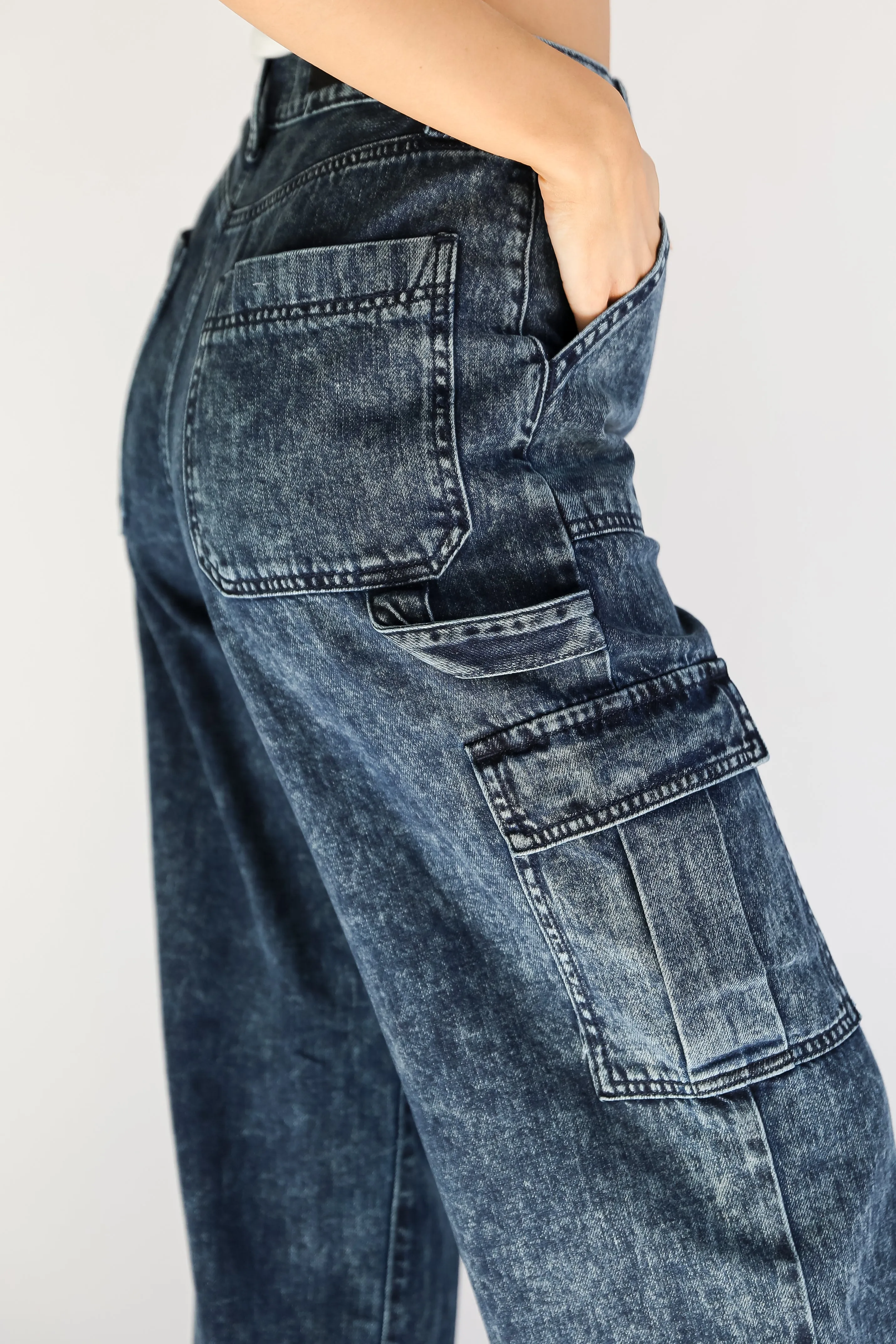 FINAL SALE - Street Style Acid Washed Dark Wash Cargo Jeans