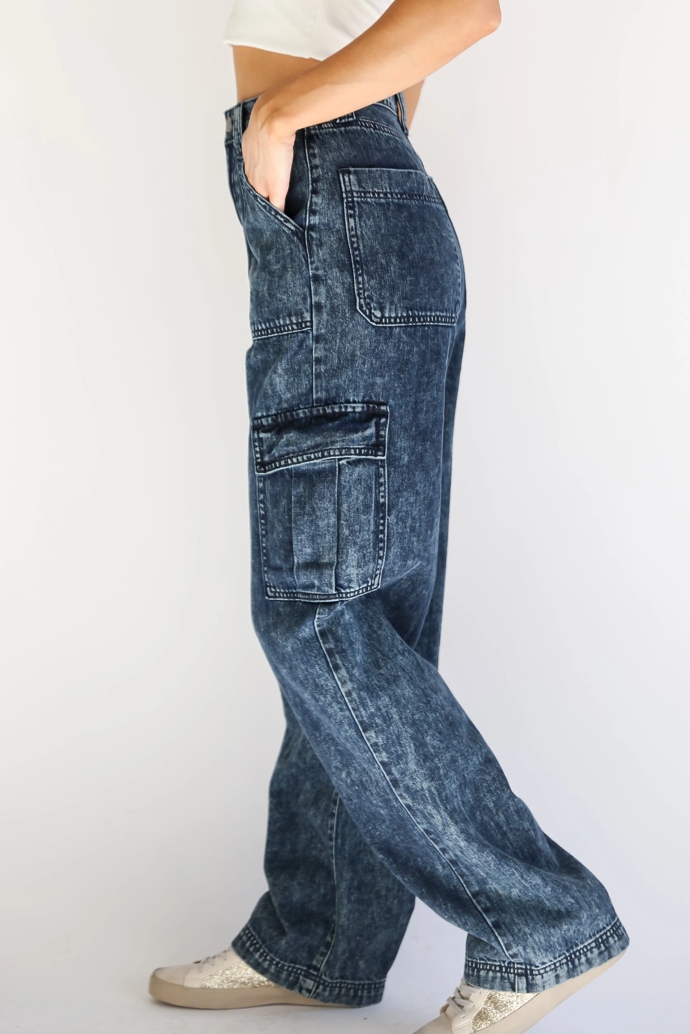 FINAL SALE - Street Style Acid Washed Dark Wash Cargo Jeans