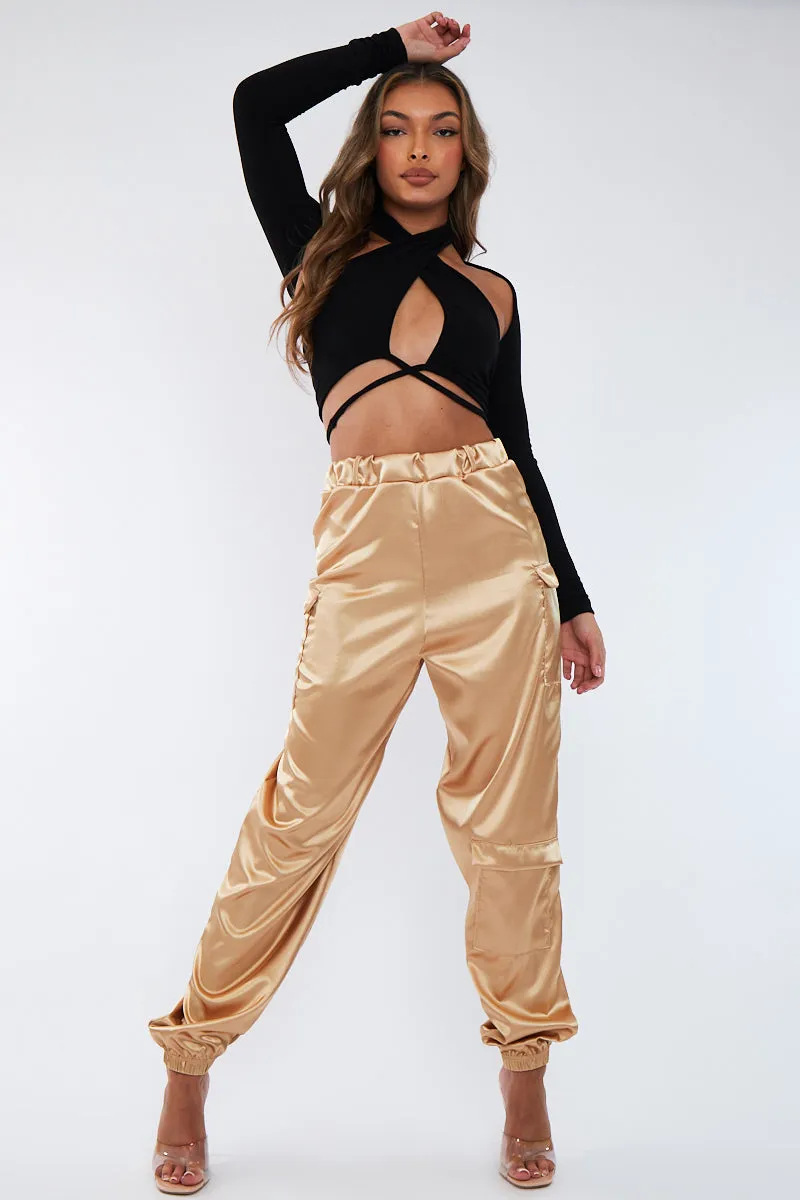 Gold Satin Cargo Trousers - Maeve