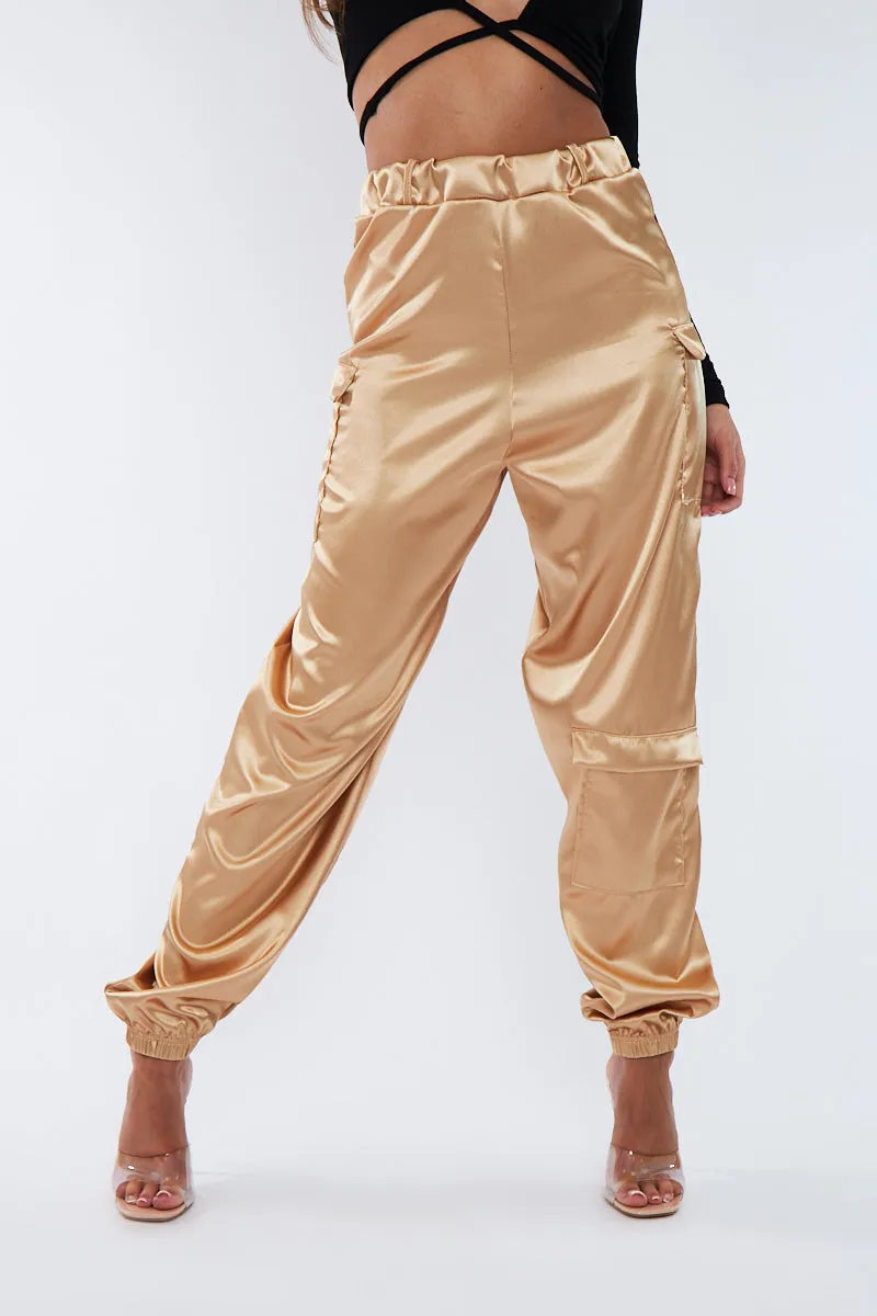 Gold Satin Cargo Trousers - Maeve