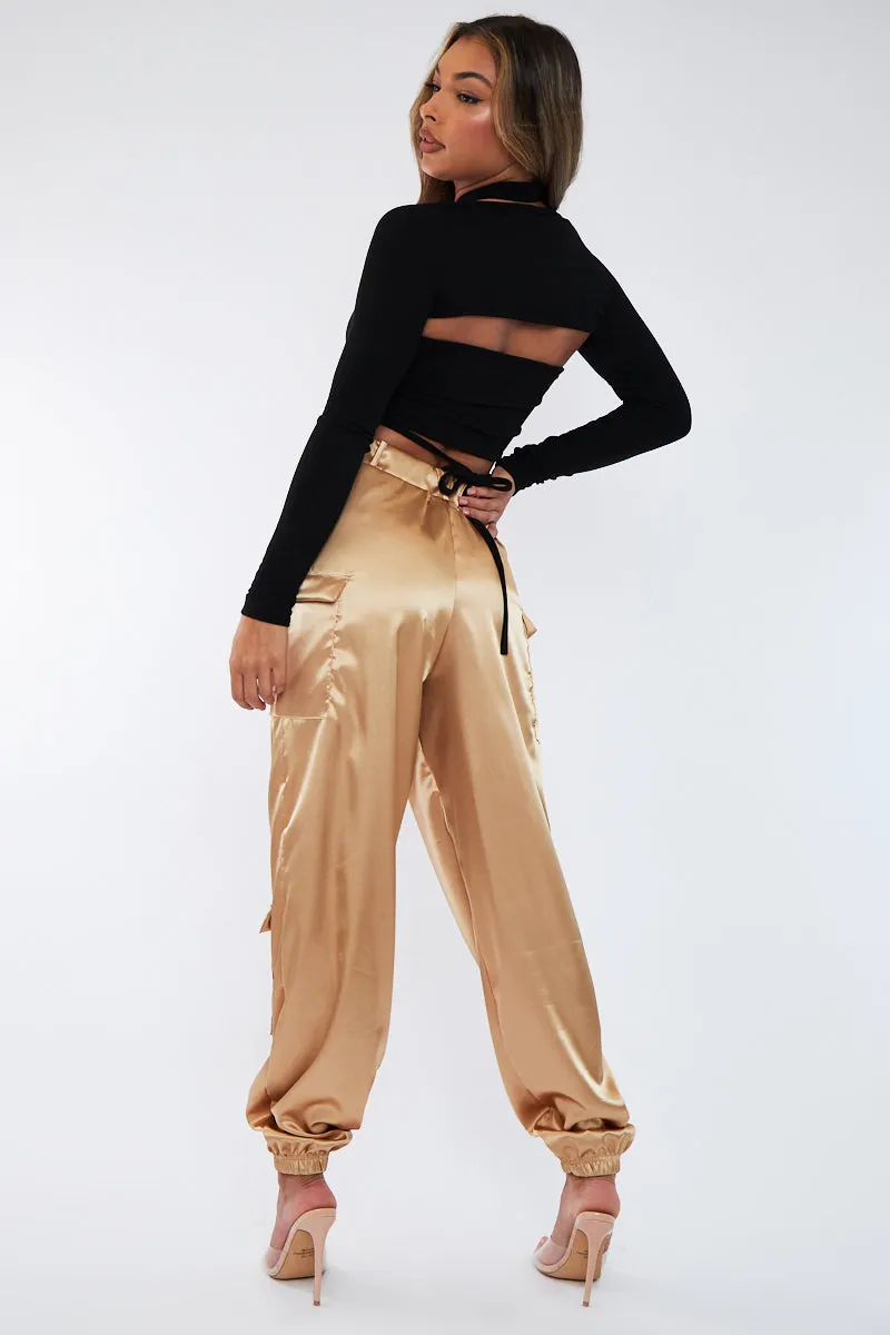 Gold Satin Cargo Trousers - Maeve