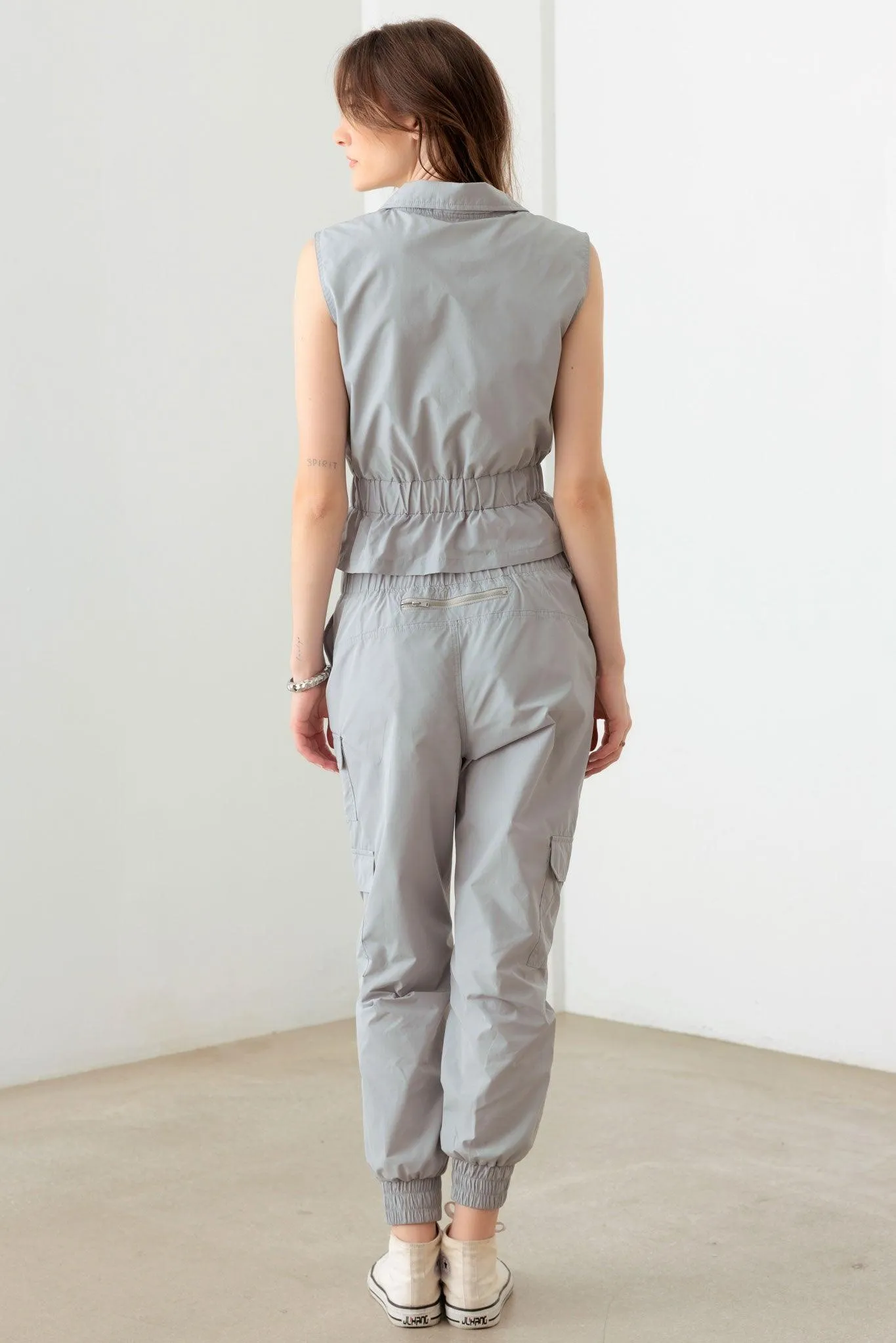 Grey Sleeveless Zipper Top Vest & Cargo Jogger Set