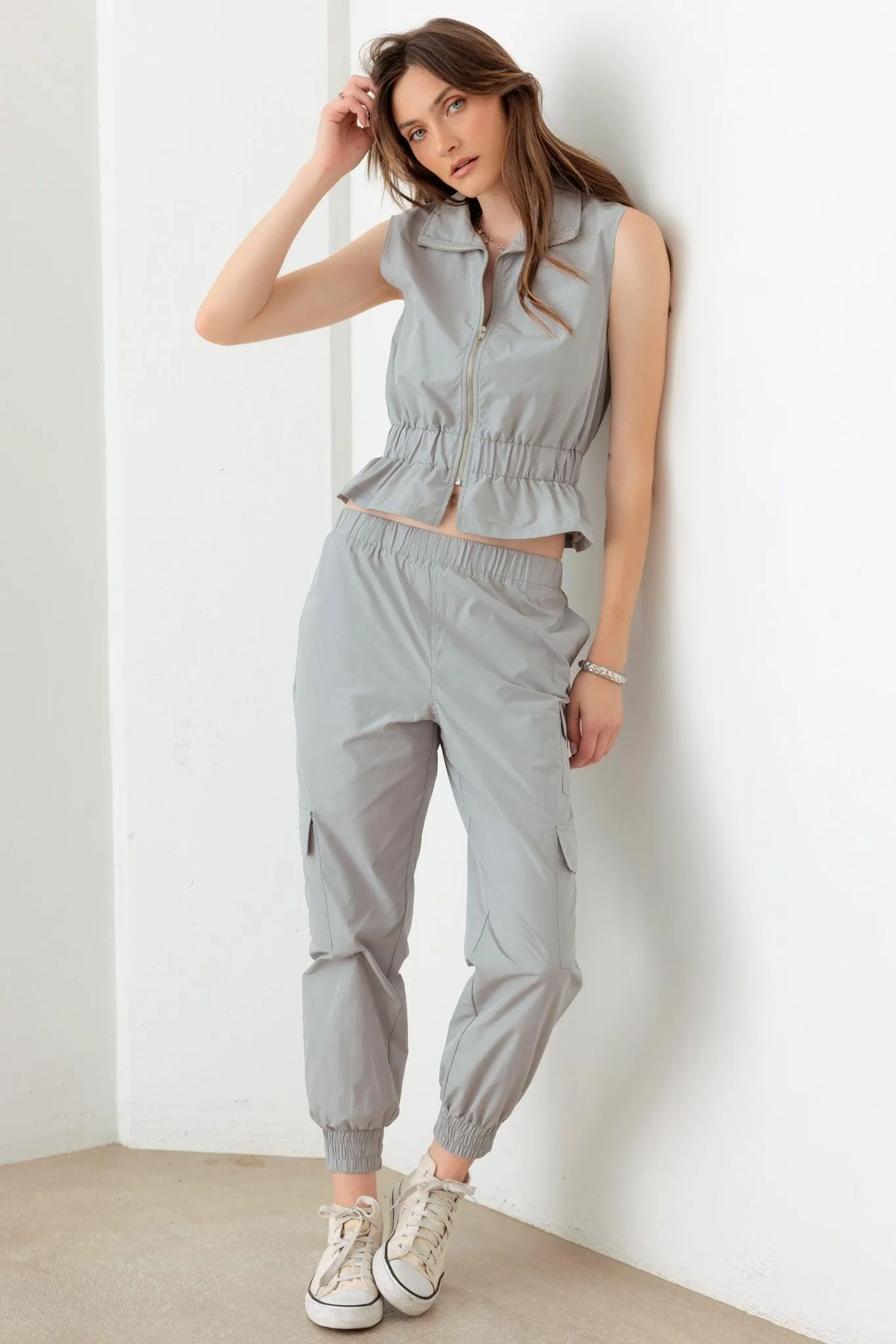 Grey Sleeveless Zipper Top Vest & Cargo Jogger Set