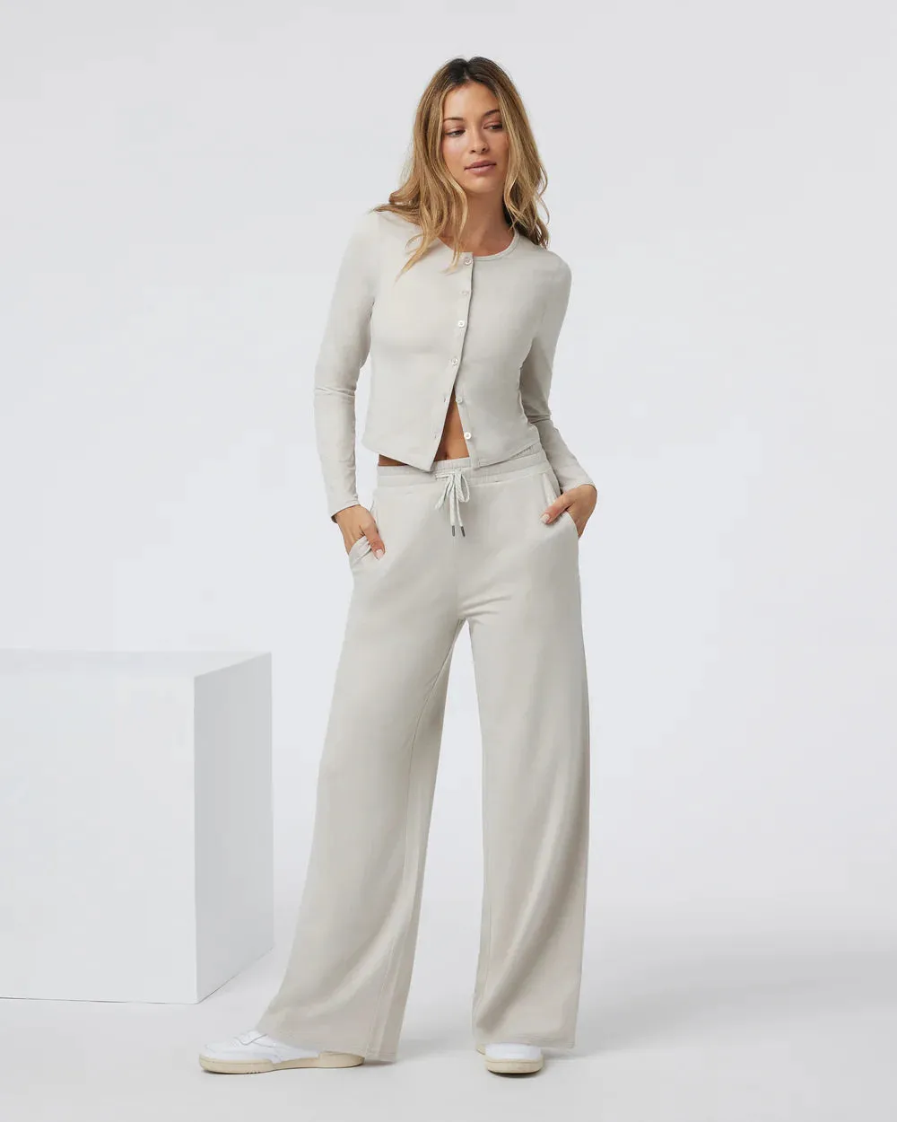 Halo Essential Wide Leg Trousers - Long in Ecru Heather