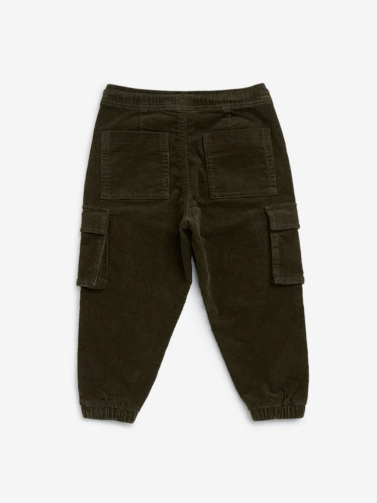 HOP Kids Olive Cargo-Style Corduroy Mid-Rise Cotton Blend Joggers