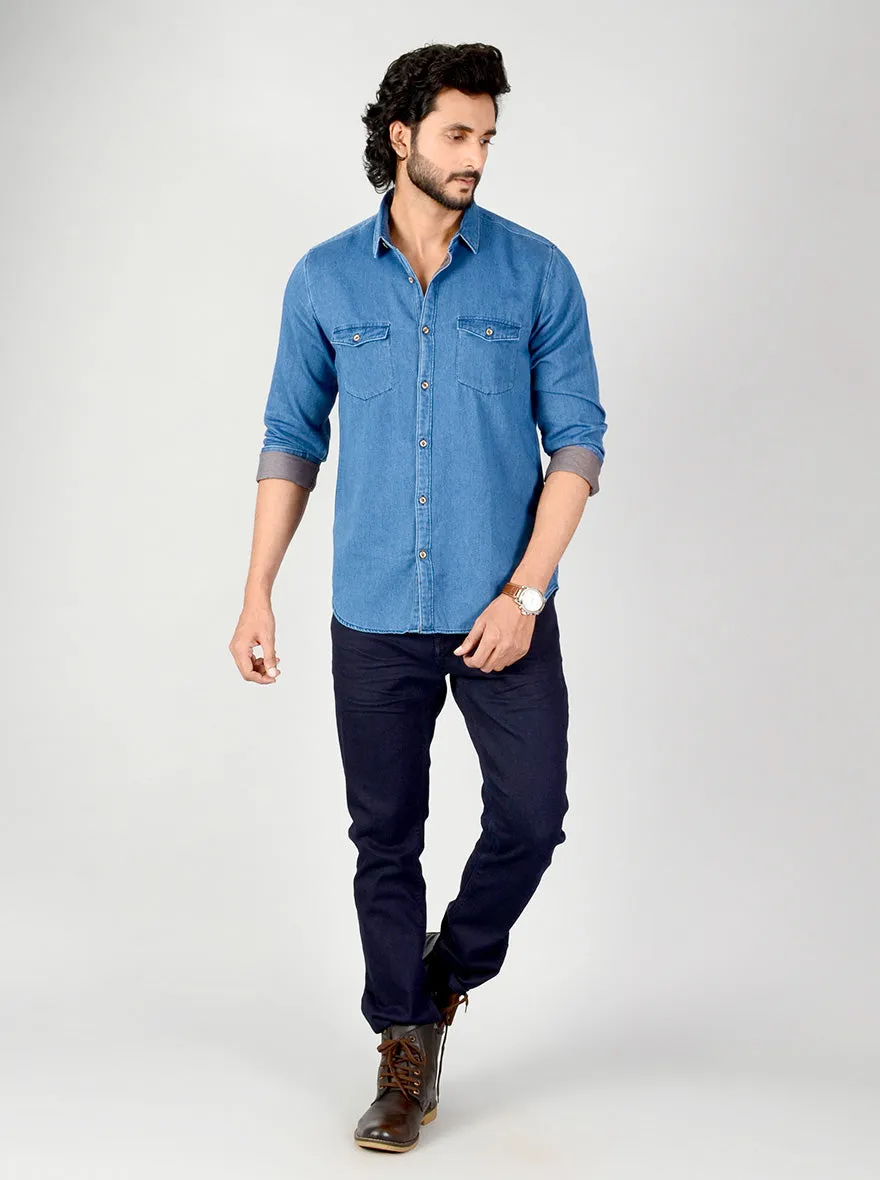 Indigo Blue Solid Slim Fit Casual Shirt | JadeBlue