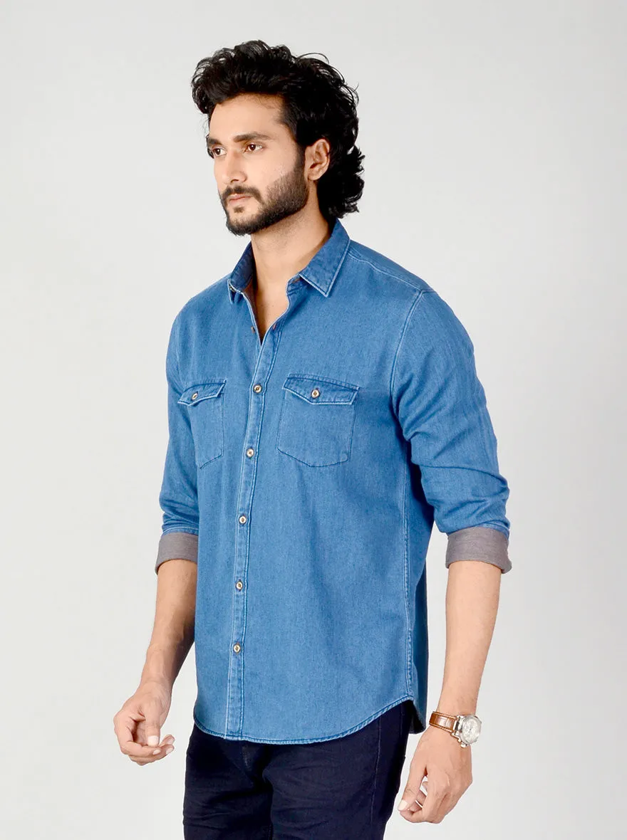 Indigo Blue Solid Slim Fit Casual Shirt | JadeBlue