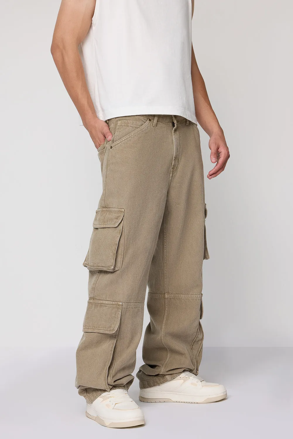 Khaki Baggy Fit Men's Utility Cargo Jeans