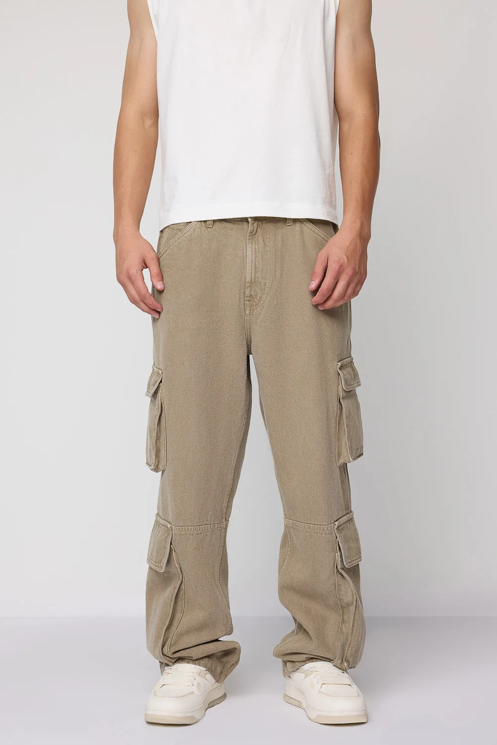 Khaki Baggy Fit Men's Utility Cargo Jeans