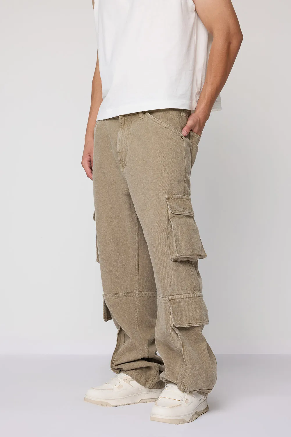 Khaki Baggy Fit Men's Utility Cargo Jeans