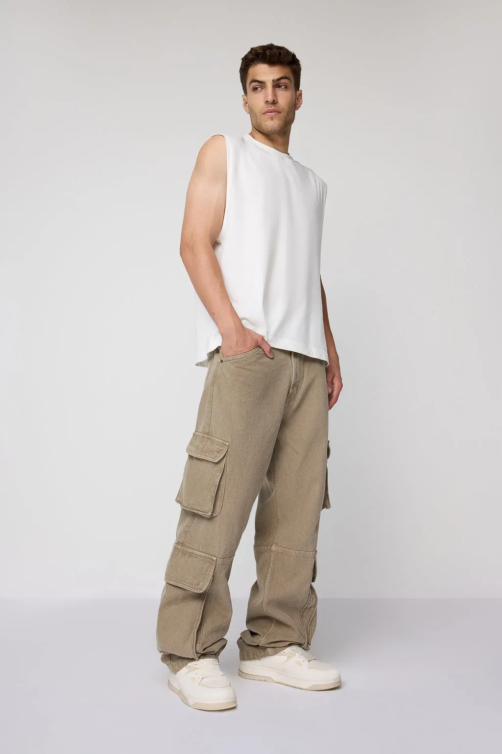 Khaki Baggy Fit Men's Utility Cargo Jeans