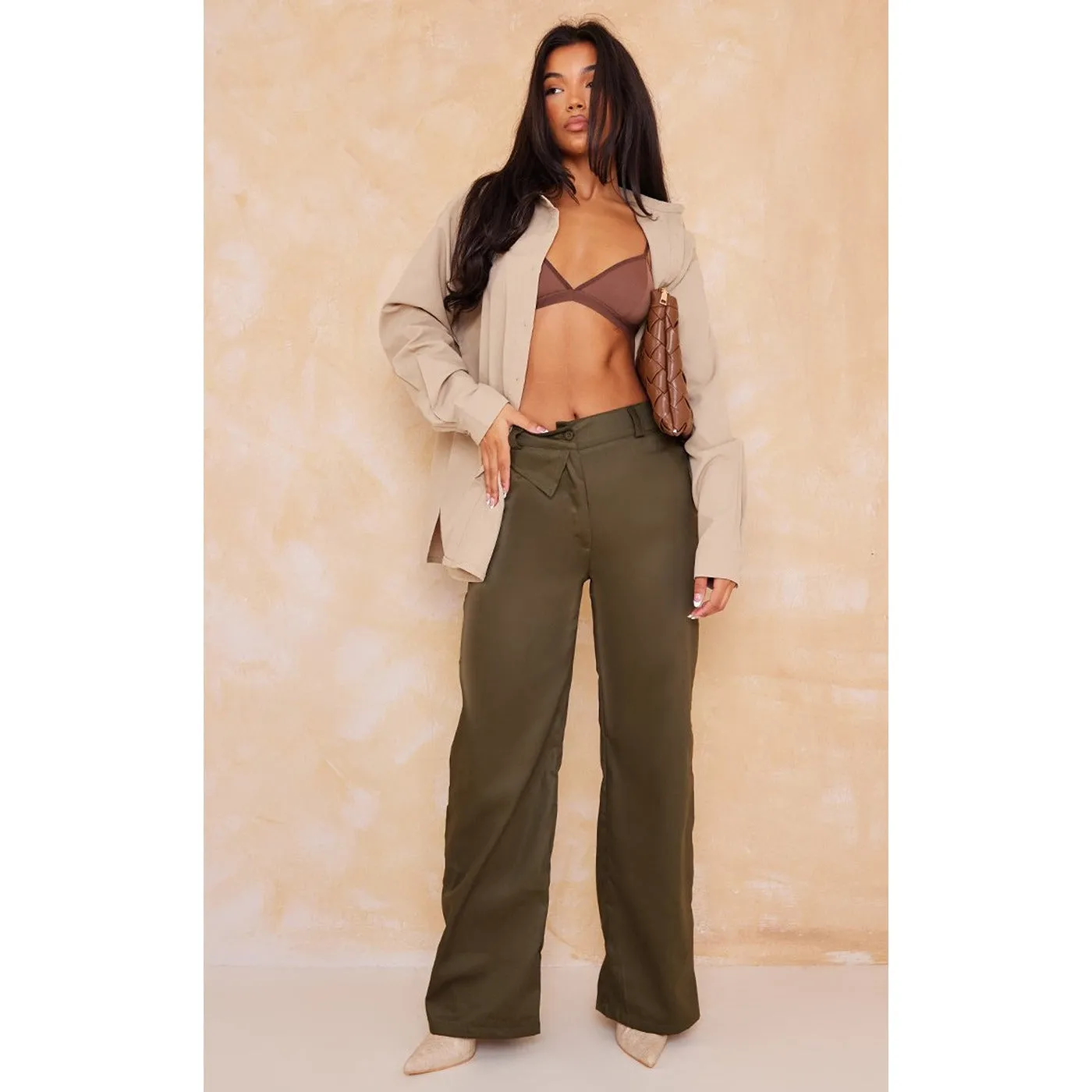 Khaki Tailored Wide Leg Trousers