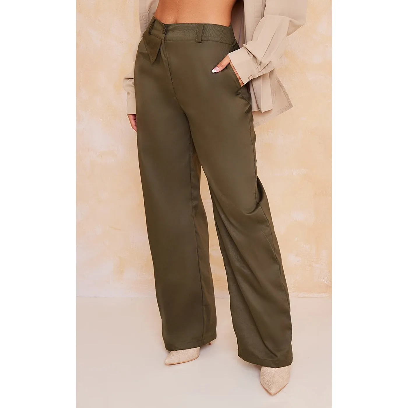 Khaki Tailored Wide Leg Trousers