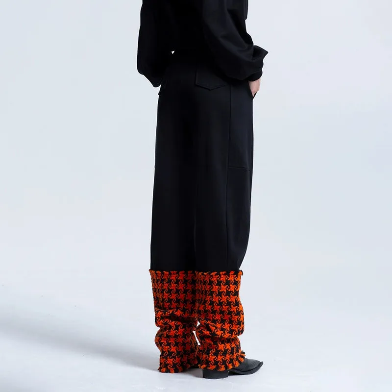 LEDIM W luxury autumn winter spliced orange houndstooth plaid cotton trousers- Haiei