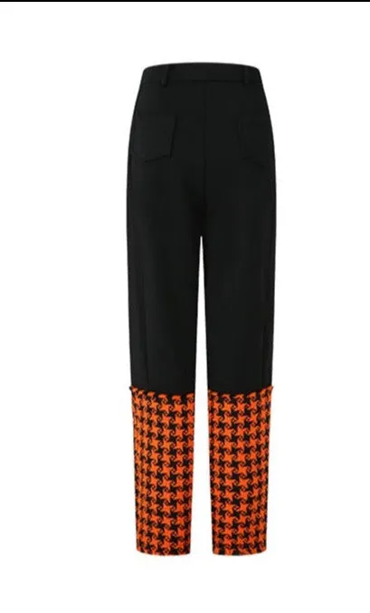 LEDIM W luxury autumn winter spliced orange houndstooth plaid cotton trousers- Haiei