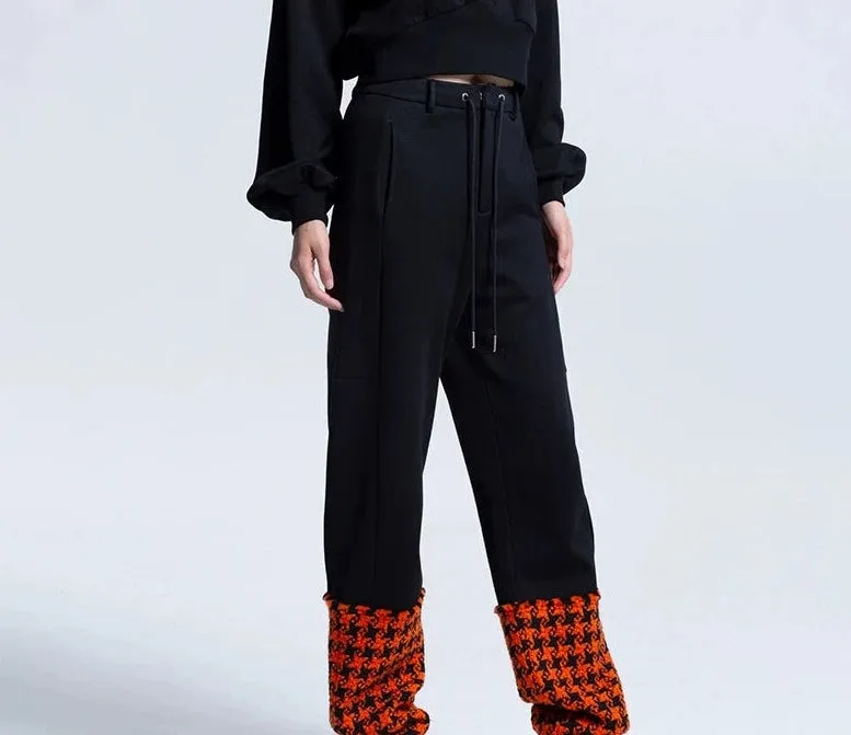 LEDIM W luxury autumn winter spliced orange houndstooth plaid cotton trousers- Haiei