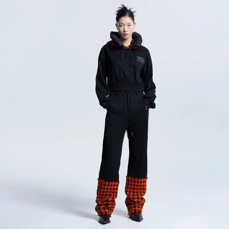 LEDIM W luxury autumn winter spliced orange houndstooth plaid cotton trousers- Haiei