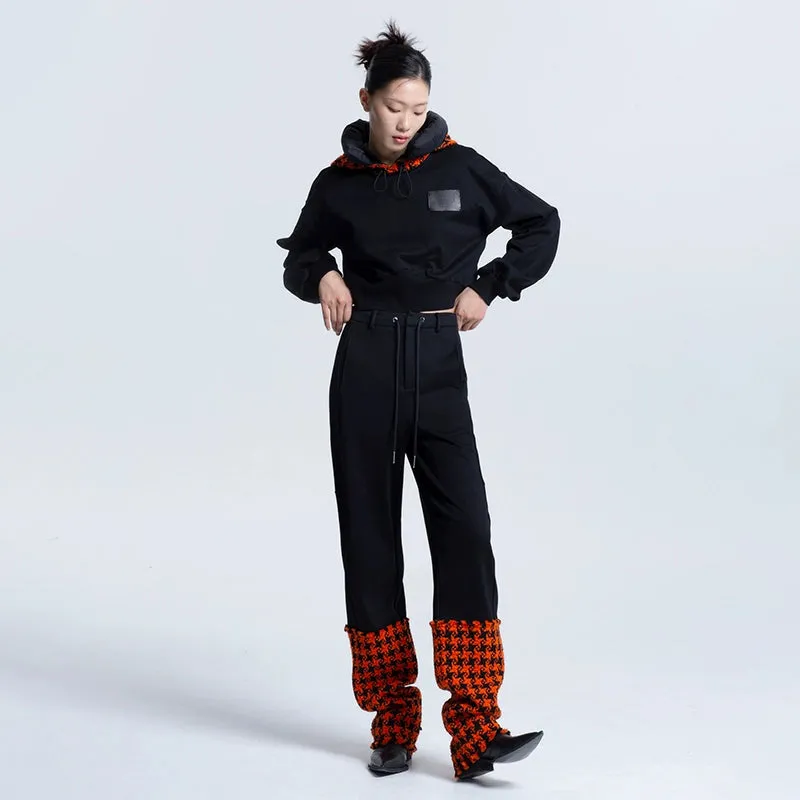 LEDIM W luxury autumn winter spliced orange houndstooth plaid cotton trousers- Haiei