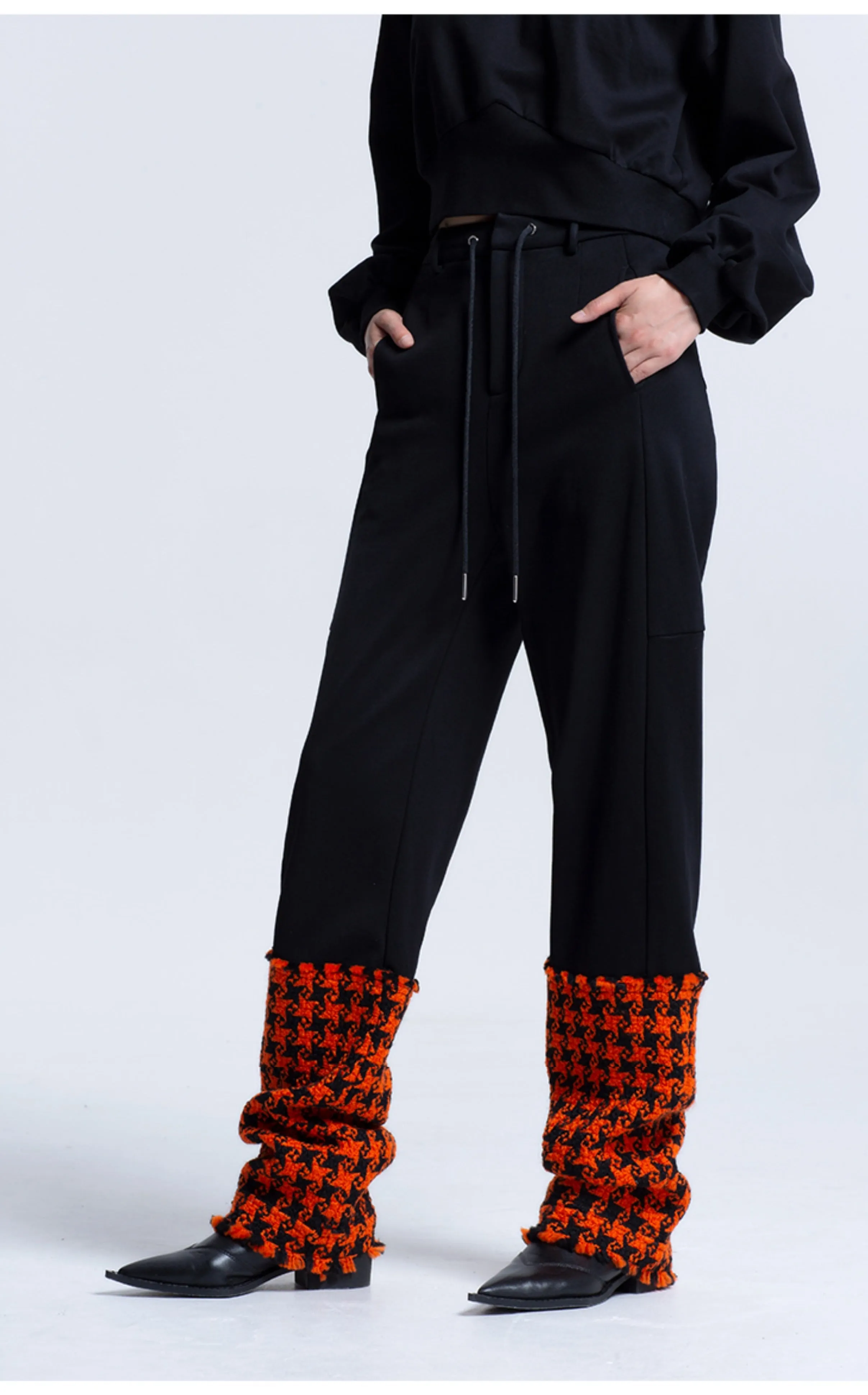 LEDIM W luxury autumn winter spliced orange houndstooth plaid cotton trousers- Haiei